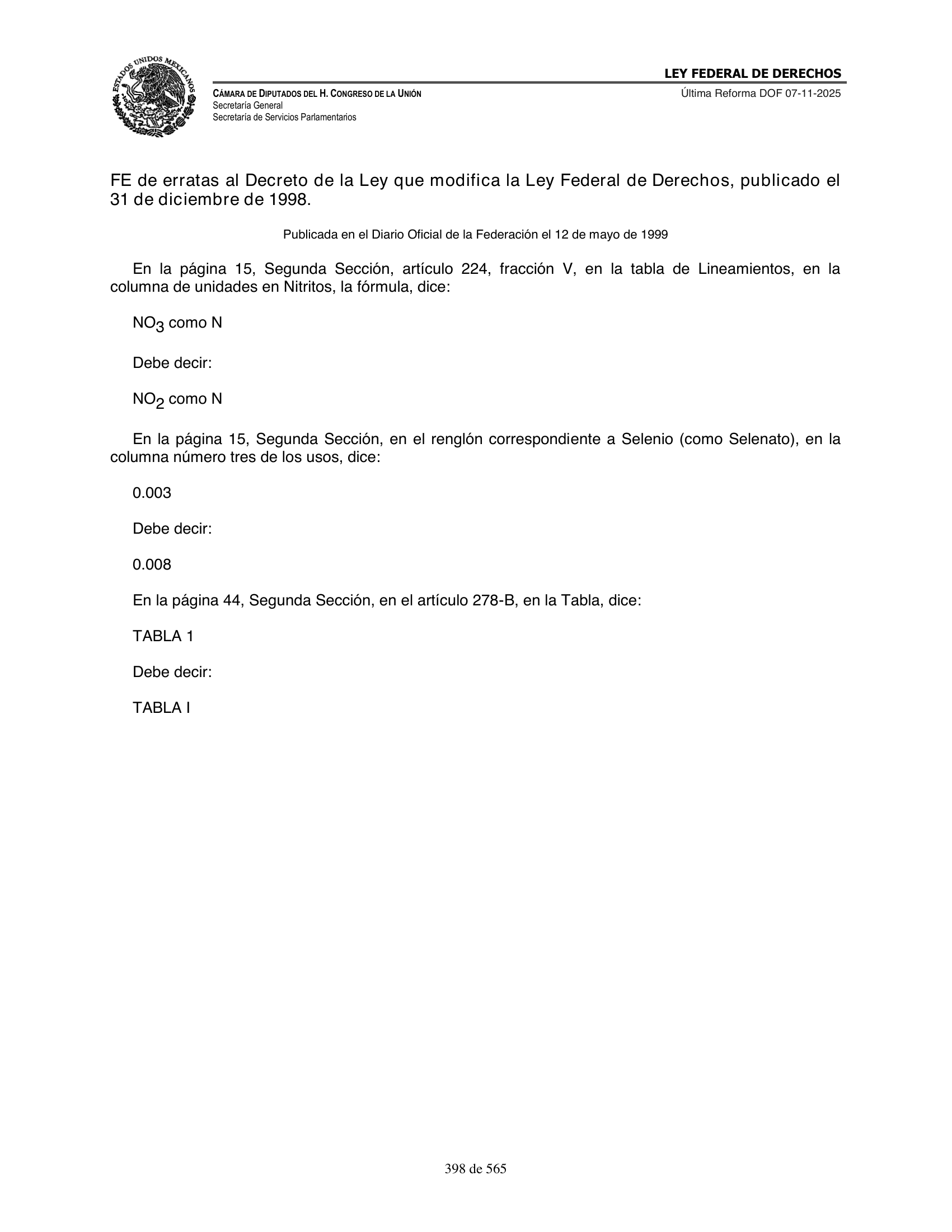 Ley Federal de Derechos — official Chamber compilation — original physical page 398 of 565; complete original page image governs, native search text may be incomplete.