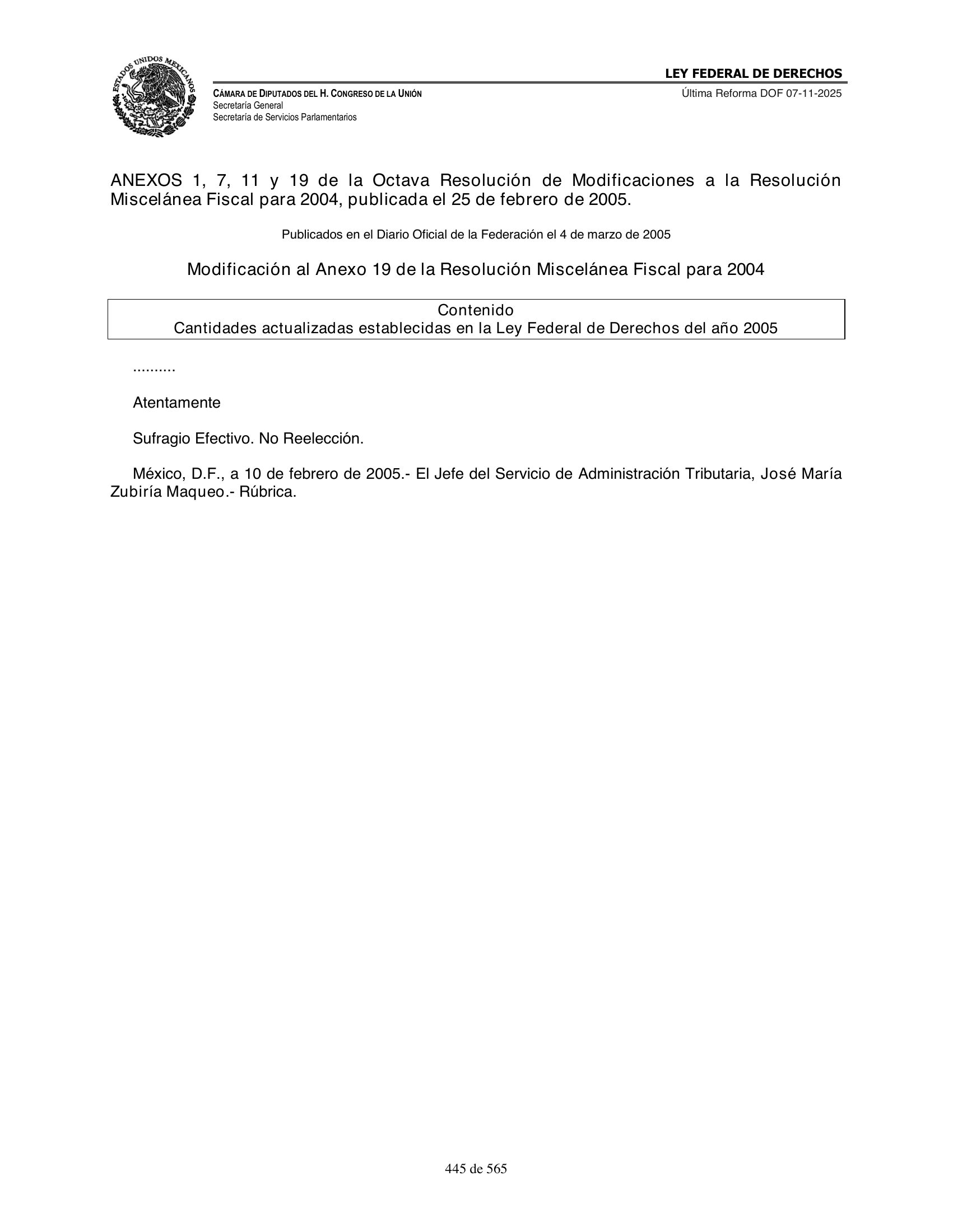 Ley Federal de Derechos — official Chamber compilation — original physical page 445 of 565; complete original page image governs, native search text may be incomplete.