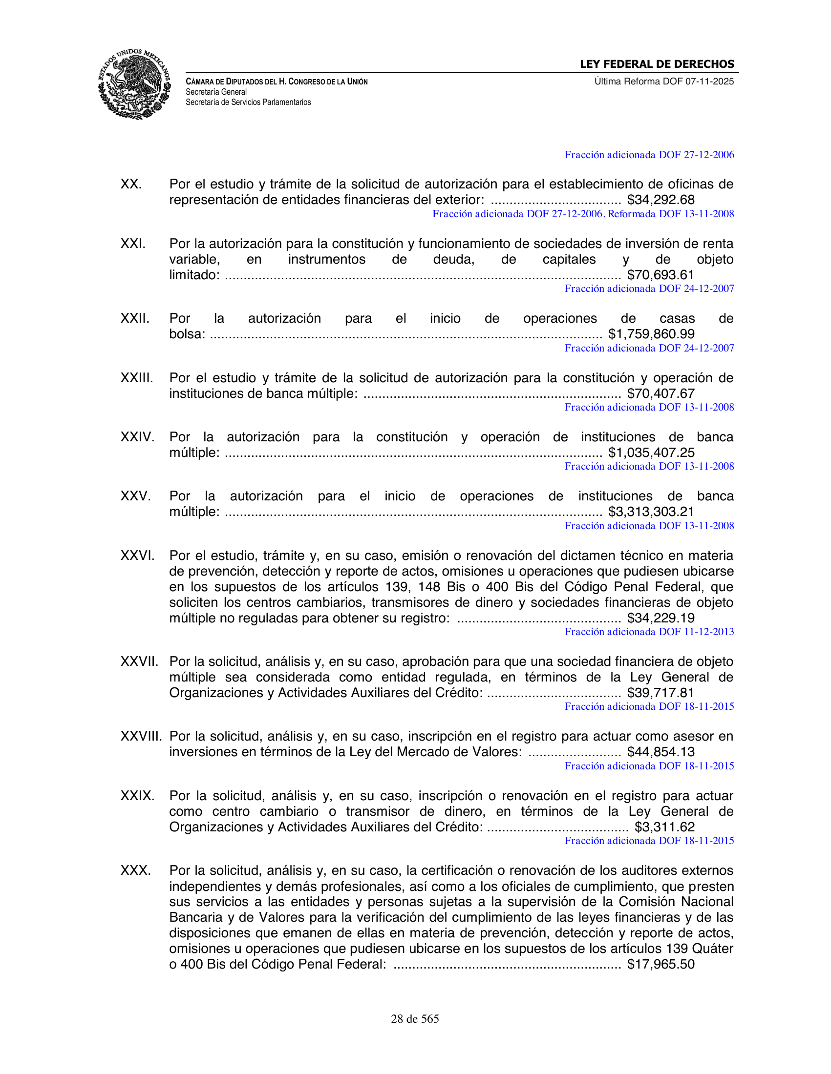 Ley Federal de Derechos — official Chamber compilation — original physical page 28 of 565; complete original page image governs, native search text may be incomplete.
