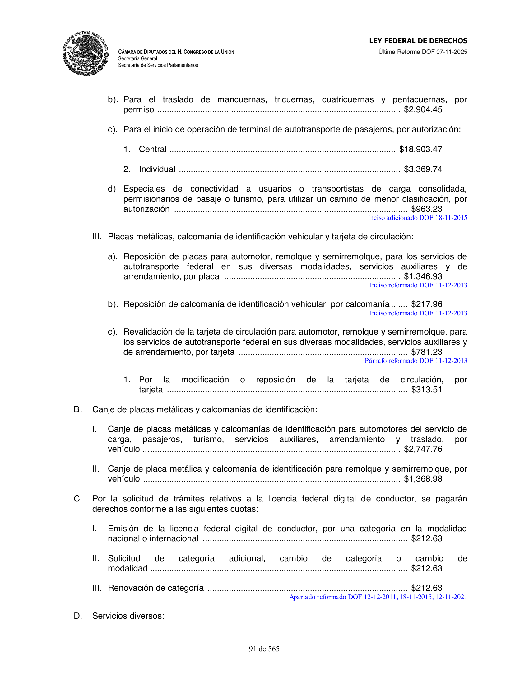 Ley Federal de Derechos — official Chamber compilation — original physical page 91 of 565; complete original page image governs, native search text may be incomplete.