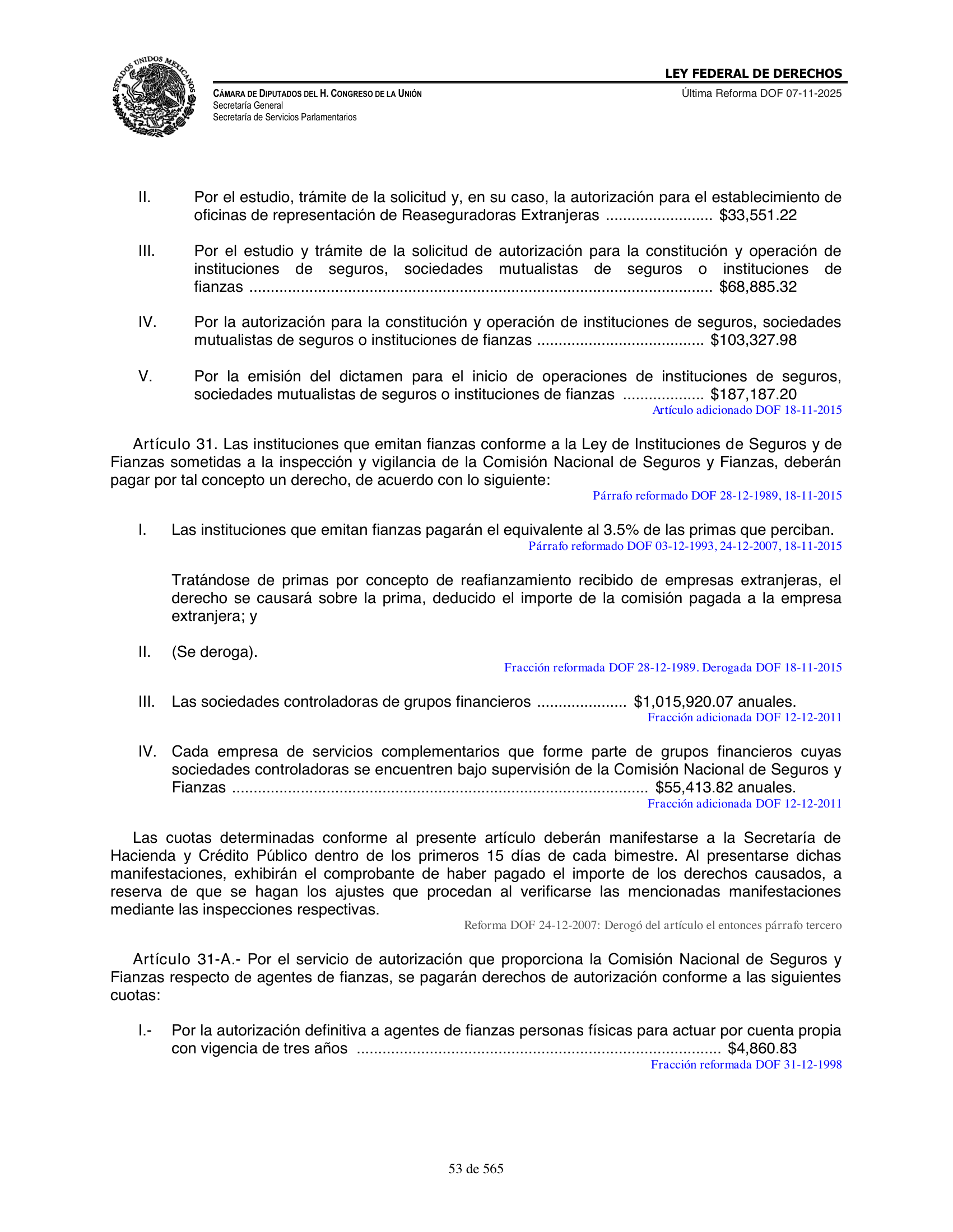 Ley Federal de Derechos — official Chamber compilation — original physical page 53 of 565; complete original page image governs, native search text may be incomplete.