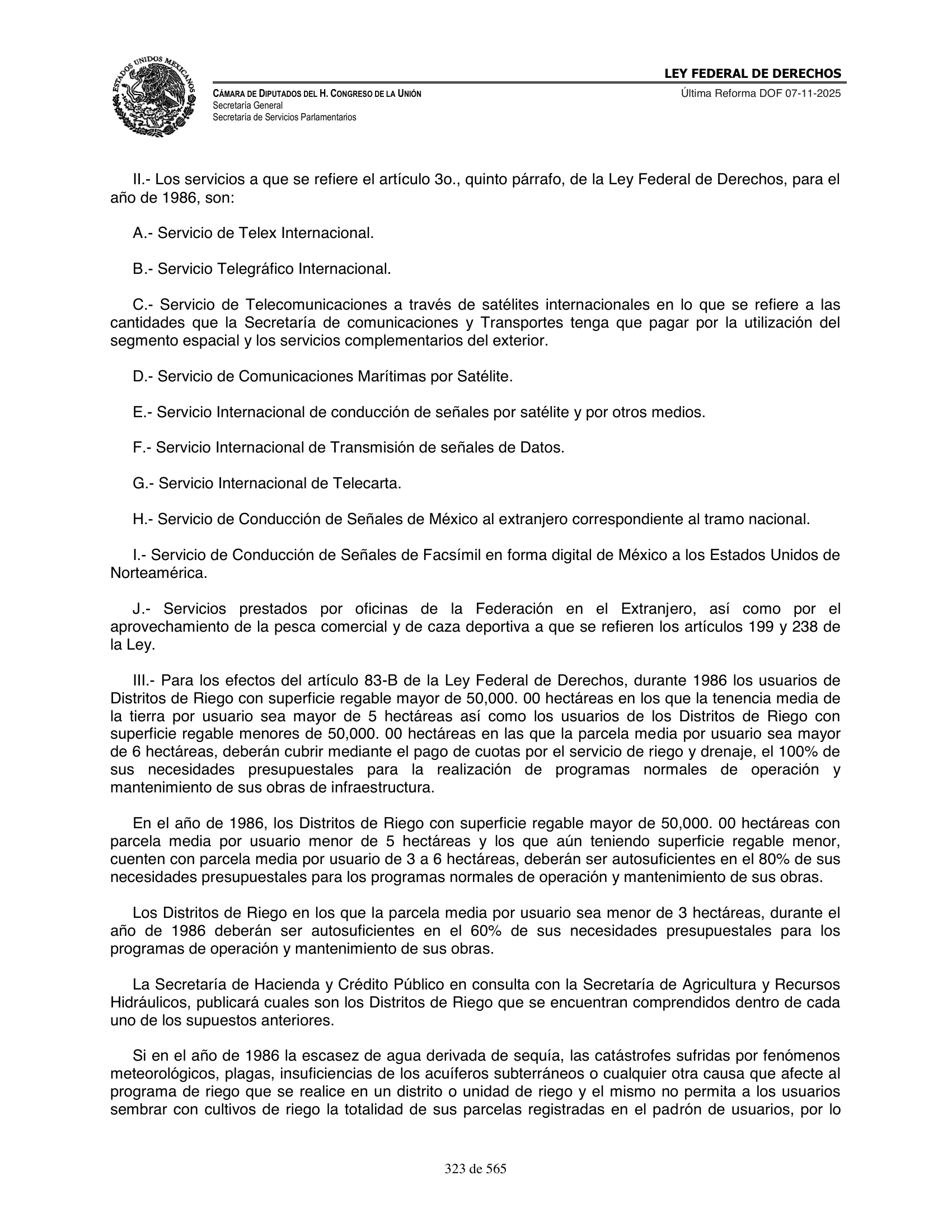 Ley Federal de Derechos — official Chamber compilation — original physical page 323 of 565; complete original page image governs, native search text may be incomplete.
