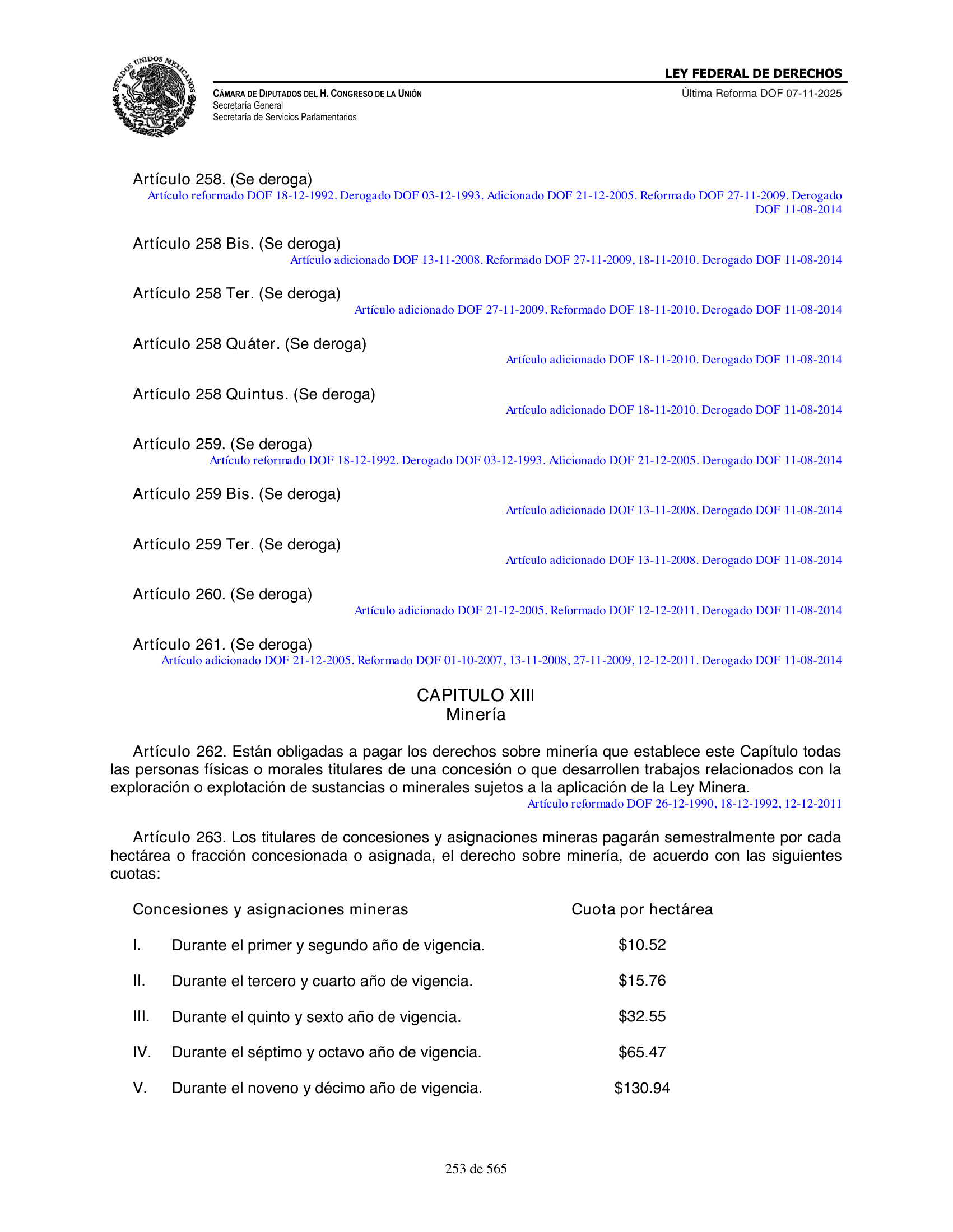 Ley Federal de Derechos — official Chamber compilation — original physical page 253 of 565; complete original page image governs, native search text may be incomplete.