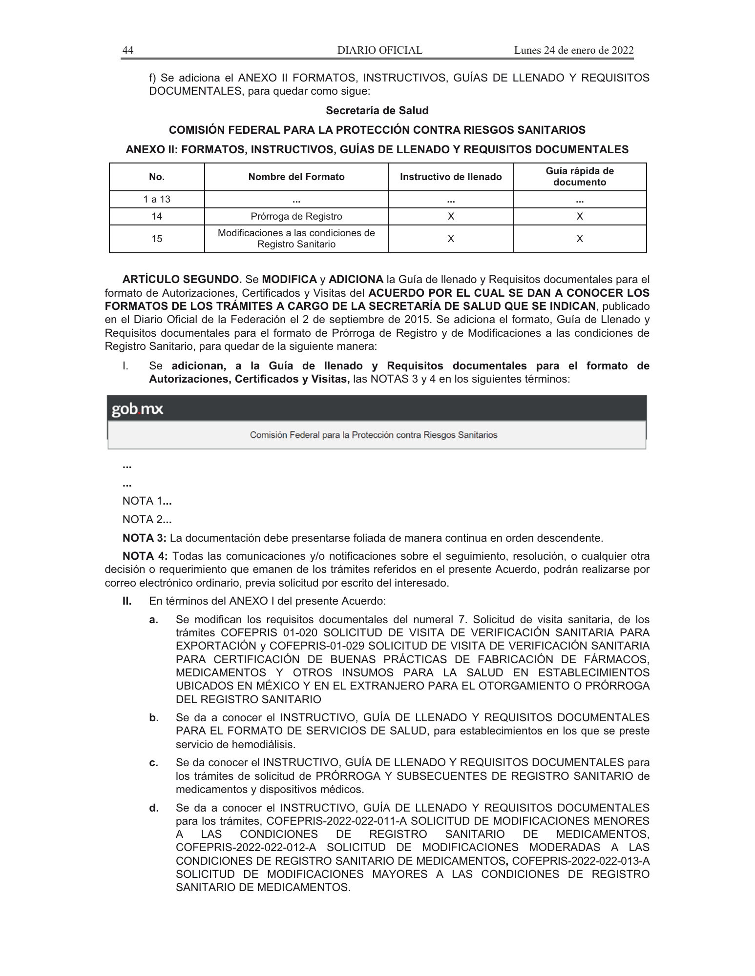 COFEPRIS procedures/forms amendment, DOF 24 January 2022 — original physical PDF page 9; complete page image is authoritative.