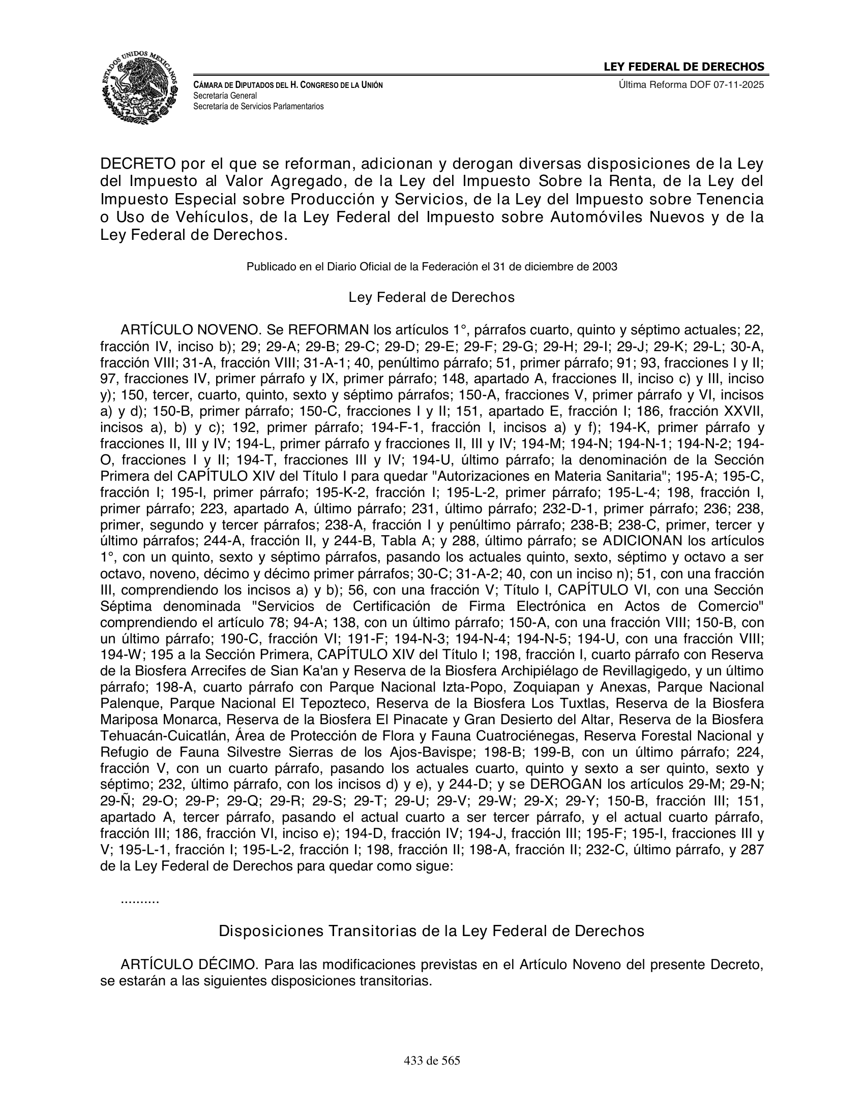 Ley Federal de Derechos — official Chamber compilation — original physical page 433 of 565; complete original page image governs, native search text may be incomplete.