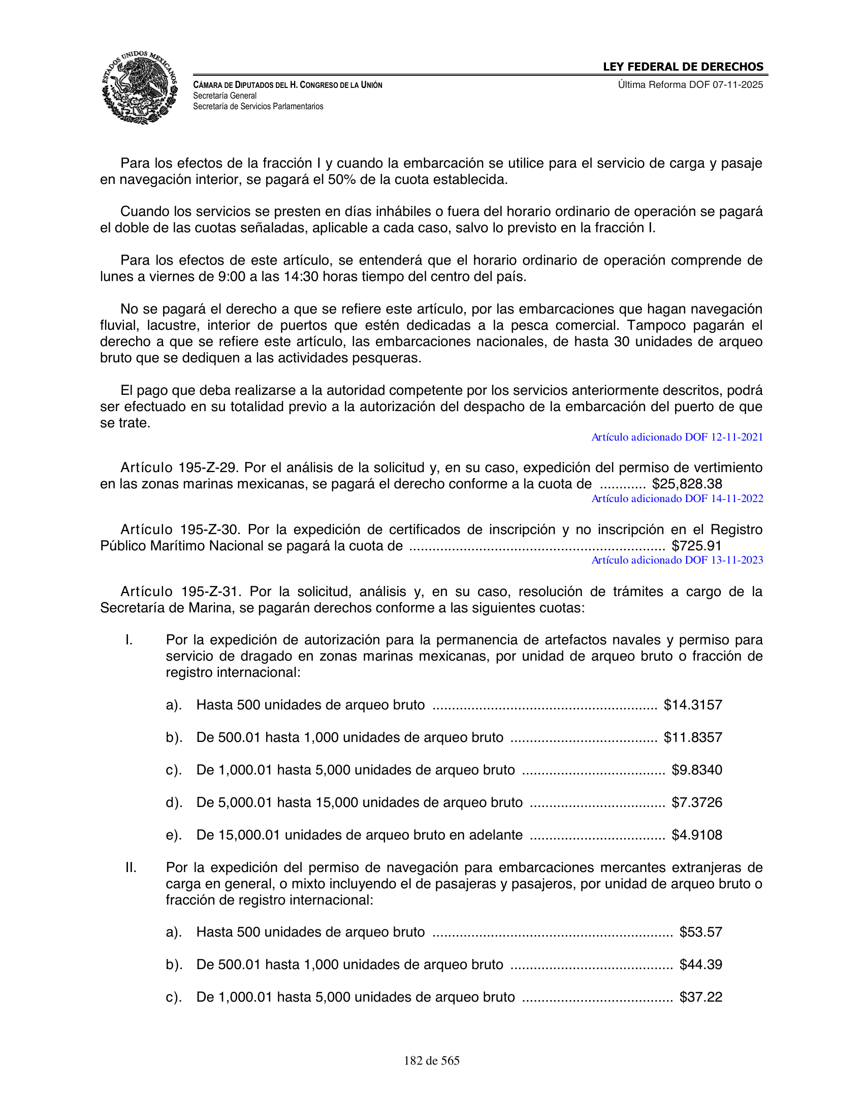 Ley Federal de Derechos — official Chamber compilation — original physical page 182 of 565; complete original page image governs, native search text may be incomplete.