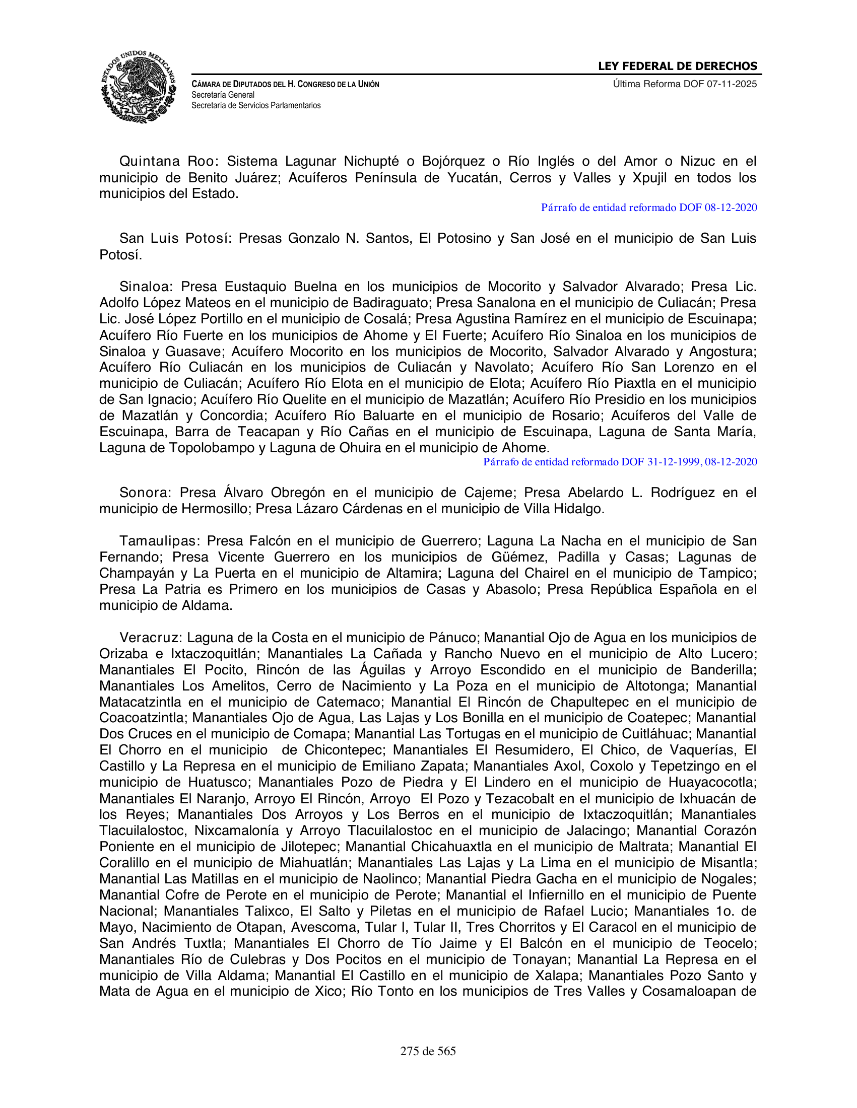 Ley Federal de Derechos — official Chamber compilation — original physical page 275 of 565; complete original page image governs, native search text may be incomplete.