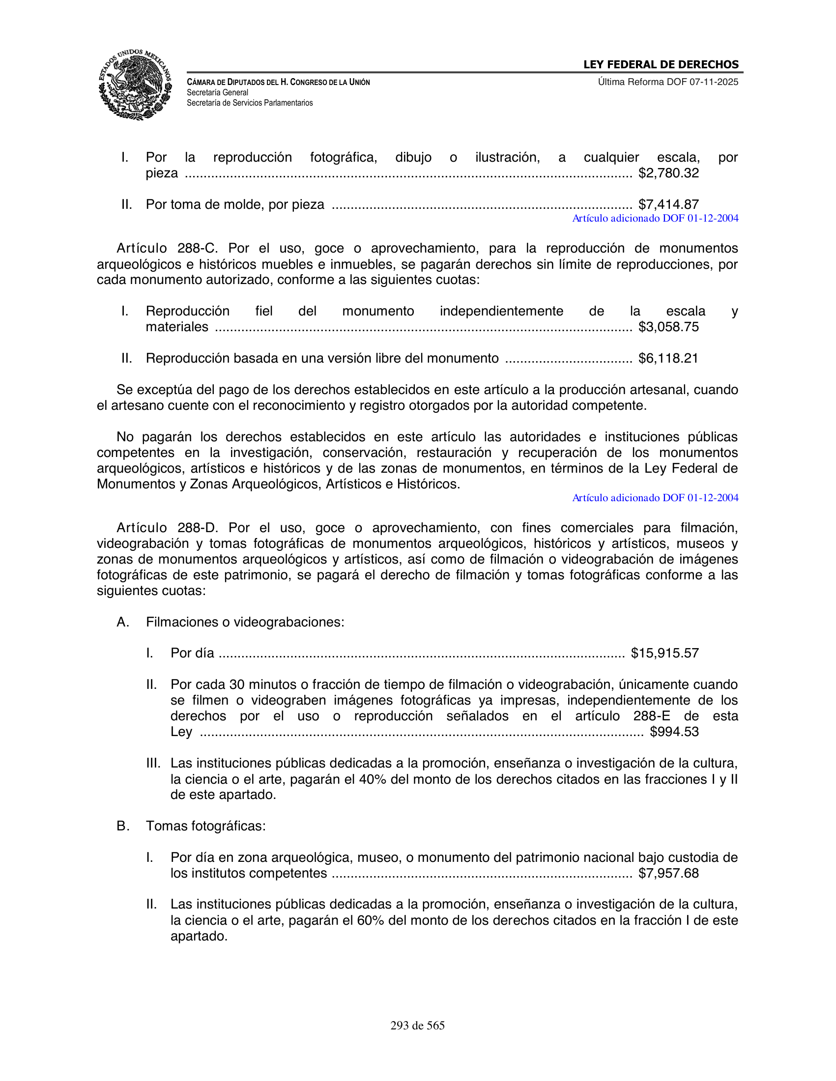 Ley Federal de Derechos — official Chamber compilation — original physical page 293 of 565; complete original page image governs, native search text may be incomplete.