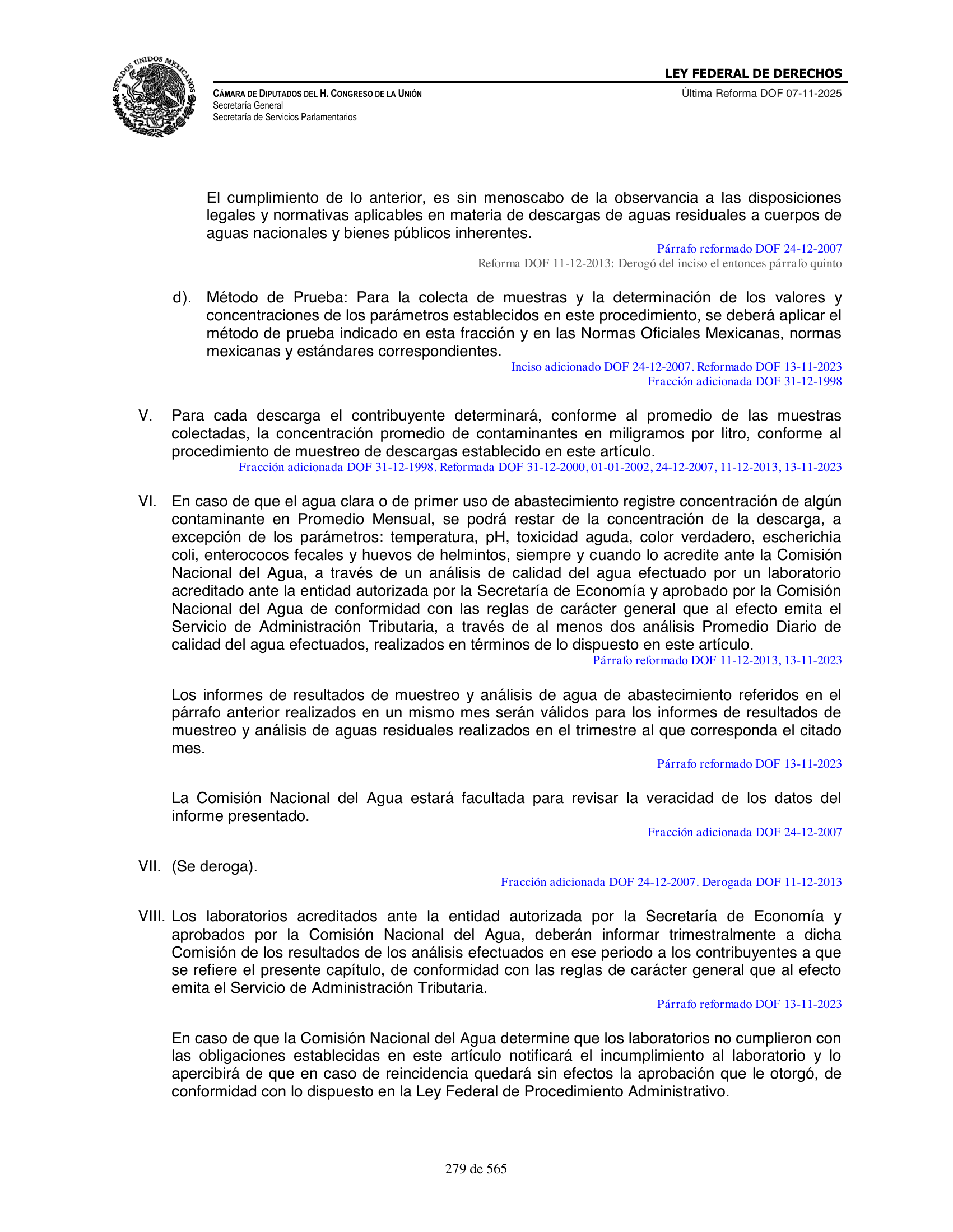 Ley Federal de Derechos — official Chamber compilation — original physical page 279 of 565; complete original page image governs, native search text may be incomplete.