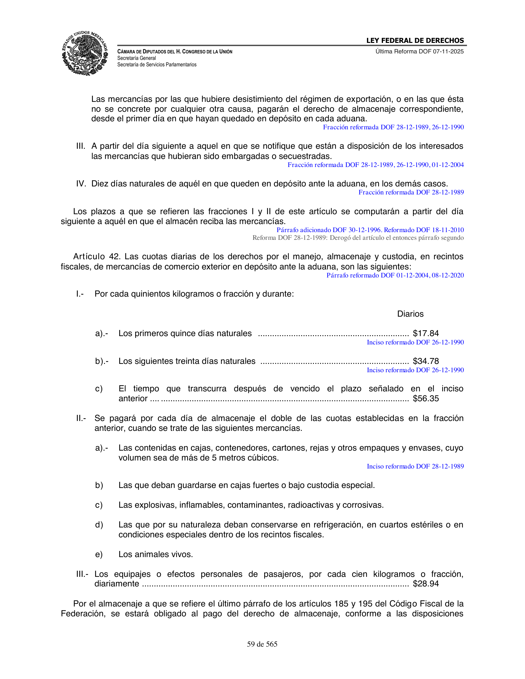 Ley Federal de Derechos — official Chamber compilation — original physical page 59 of 565; complete original page image governs, native search text may be incomplete.