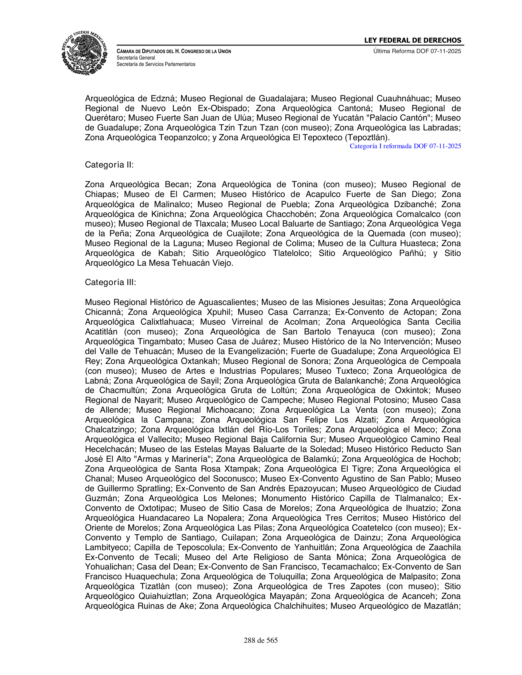 Ley Federal de Derechos — official Chamber compilation — original physical page 288 of 565; complete original page image governs, native search text may be incomplete.
