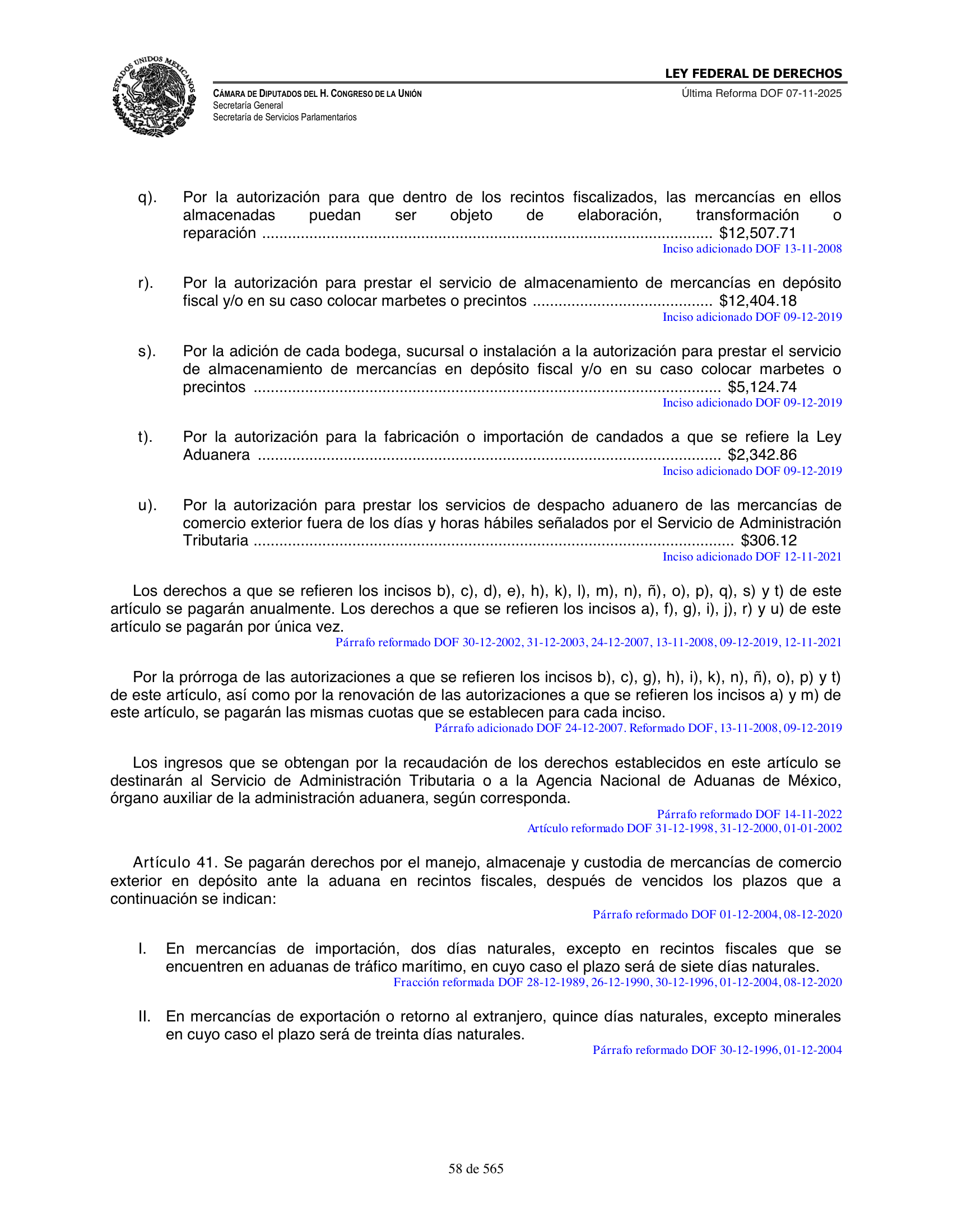 Ley Federal de Derechos — official Chamber compilation — original physical page 58 of 565; complete original page image governs, native search text may be incomplete.
