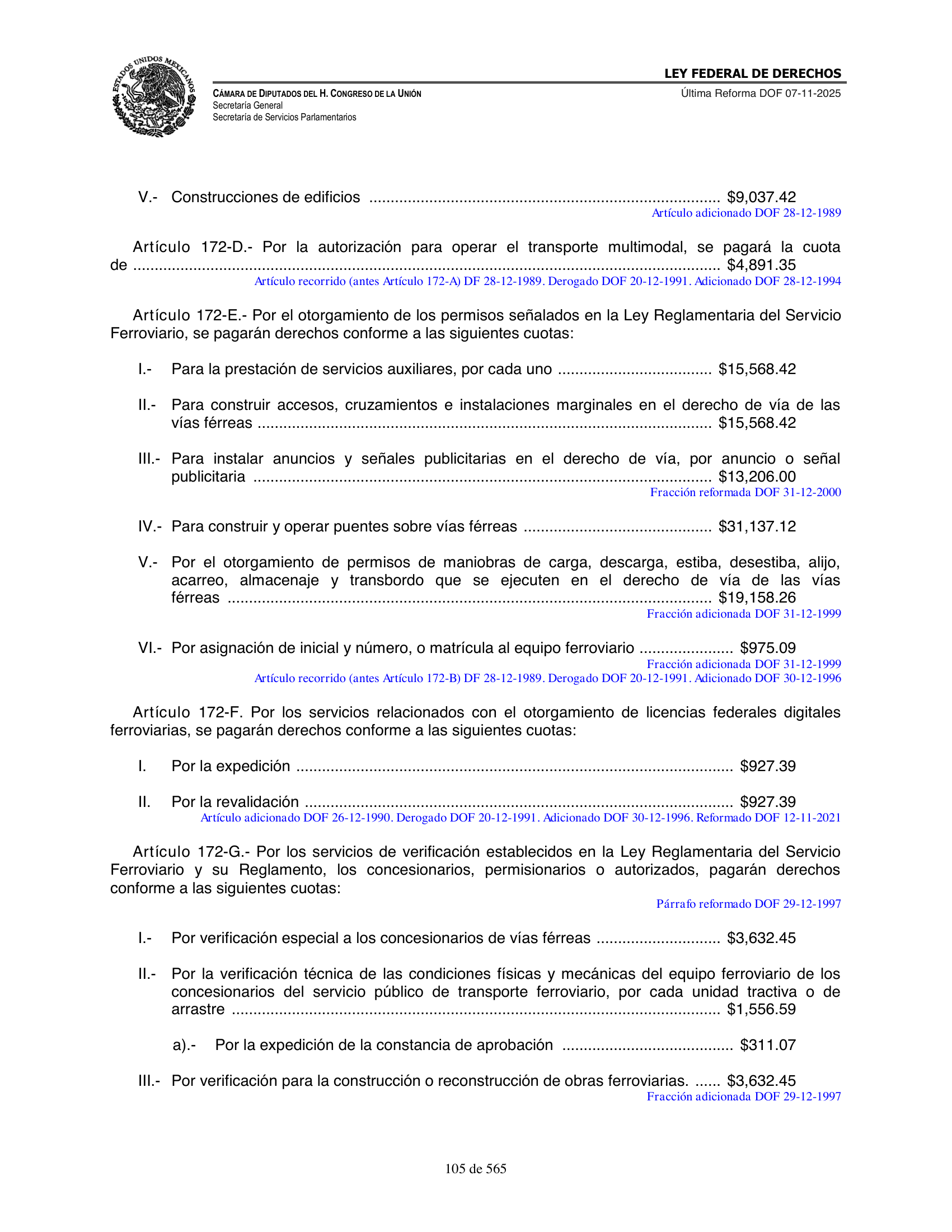 Ley Federal de Derechos — official Chamber compilation — original physical page 105 of 565; complete original page image governs, native search text may be incomplete.