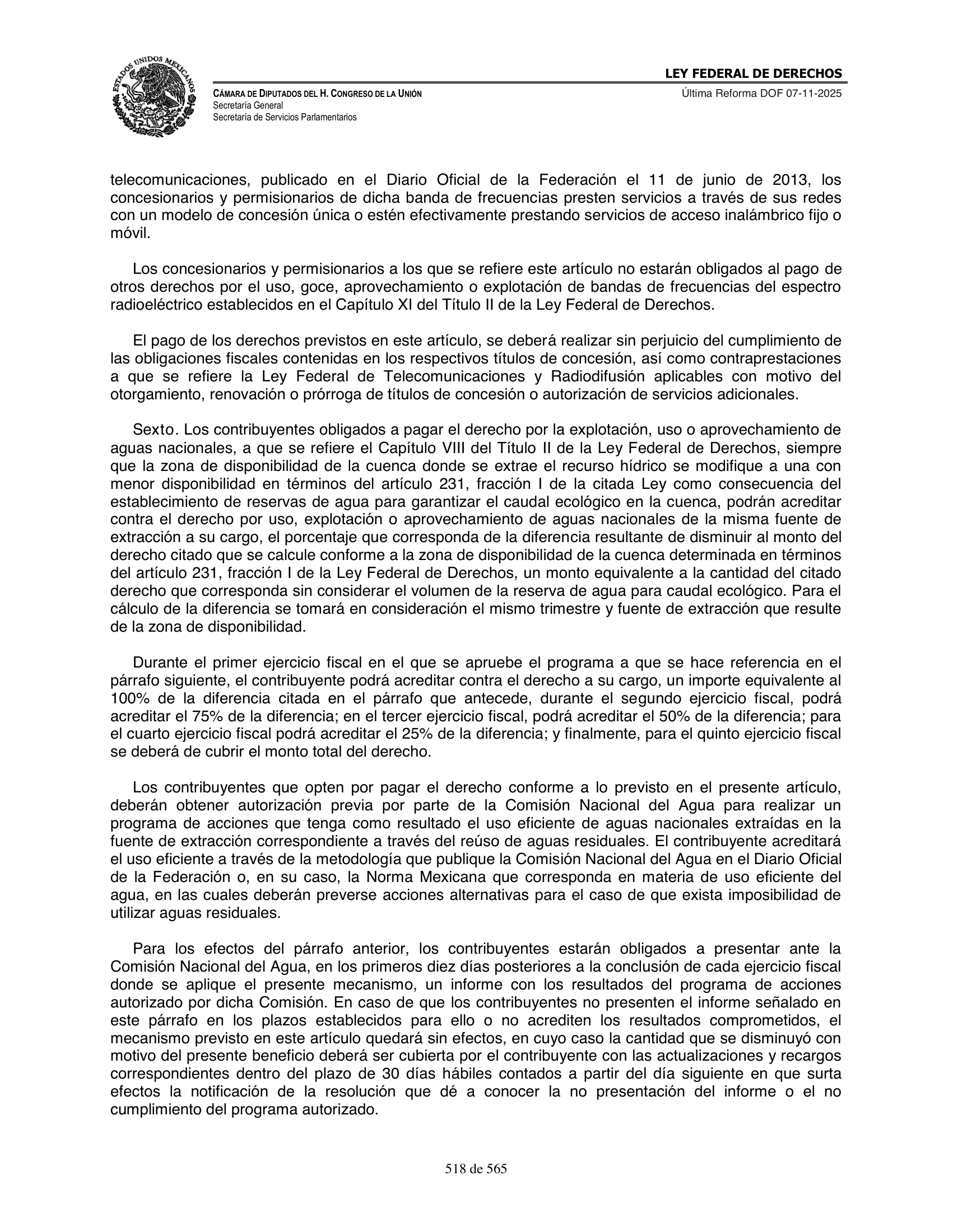 Ley Federal de Derechos — official Chamber compilation — original physical page 518 of 565; complete original page image governs, native search text may be incomplete.
