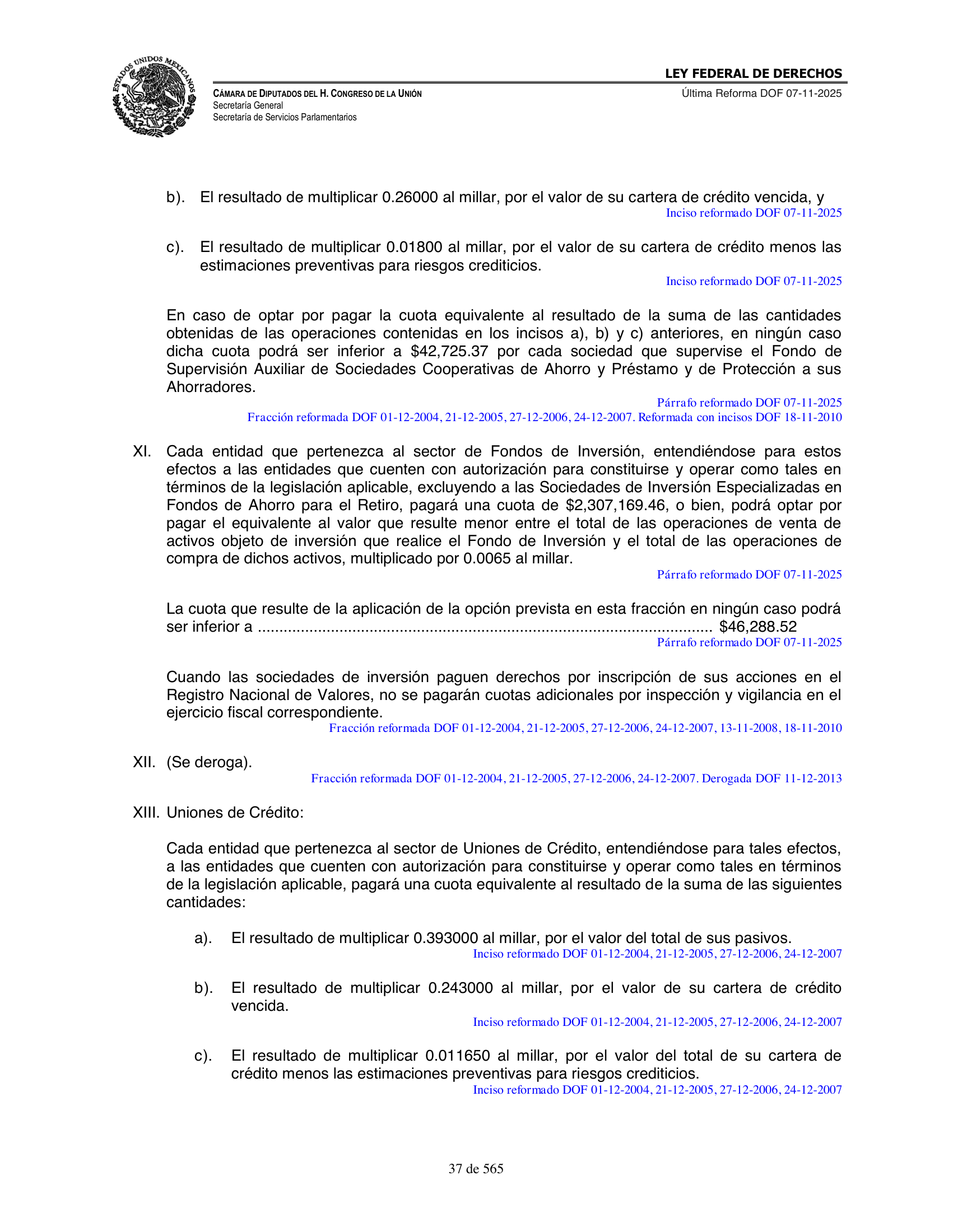 Ley Federal de Derechos — official Chamber compilation — original physical page 37 of 565; complete original page image governs, native search text may be incomplete.