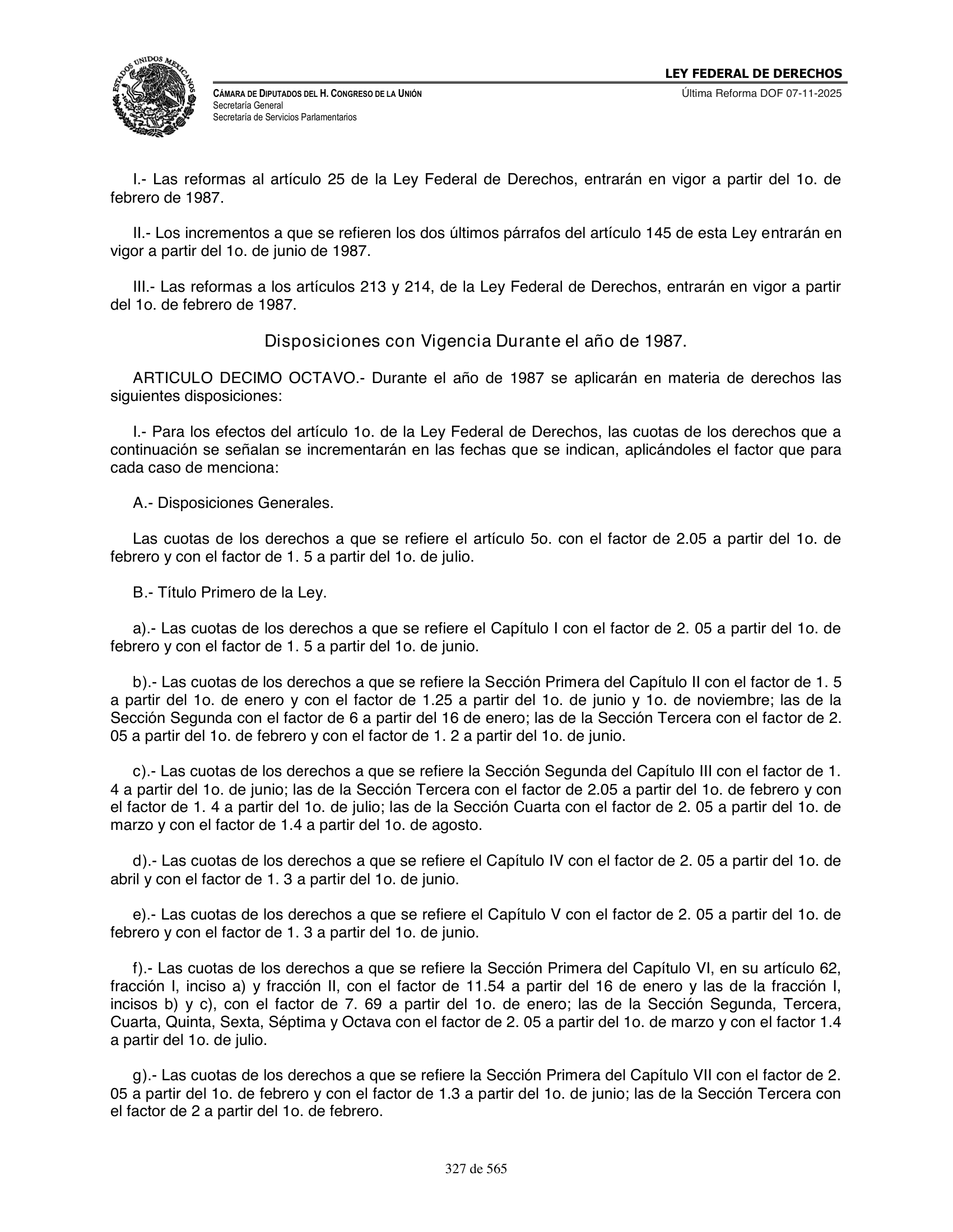 Ley Federal de Derechos — official Chamber compilation — original physical page 327 of 565; complete original page image governs, native search text may be incomplete.