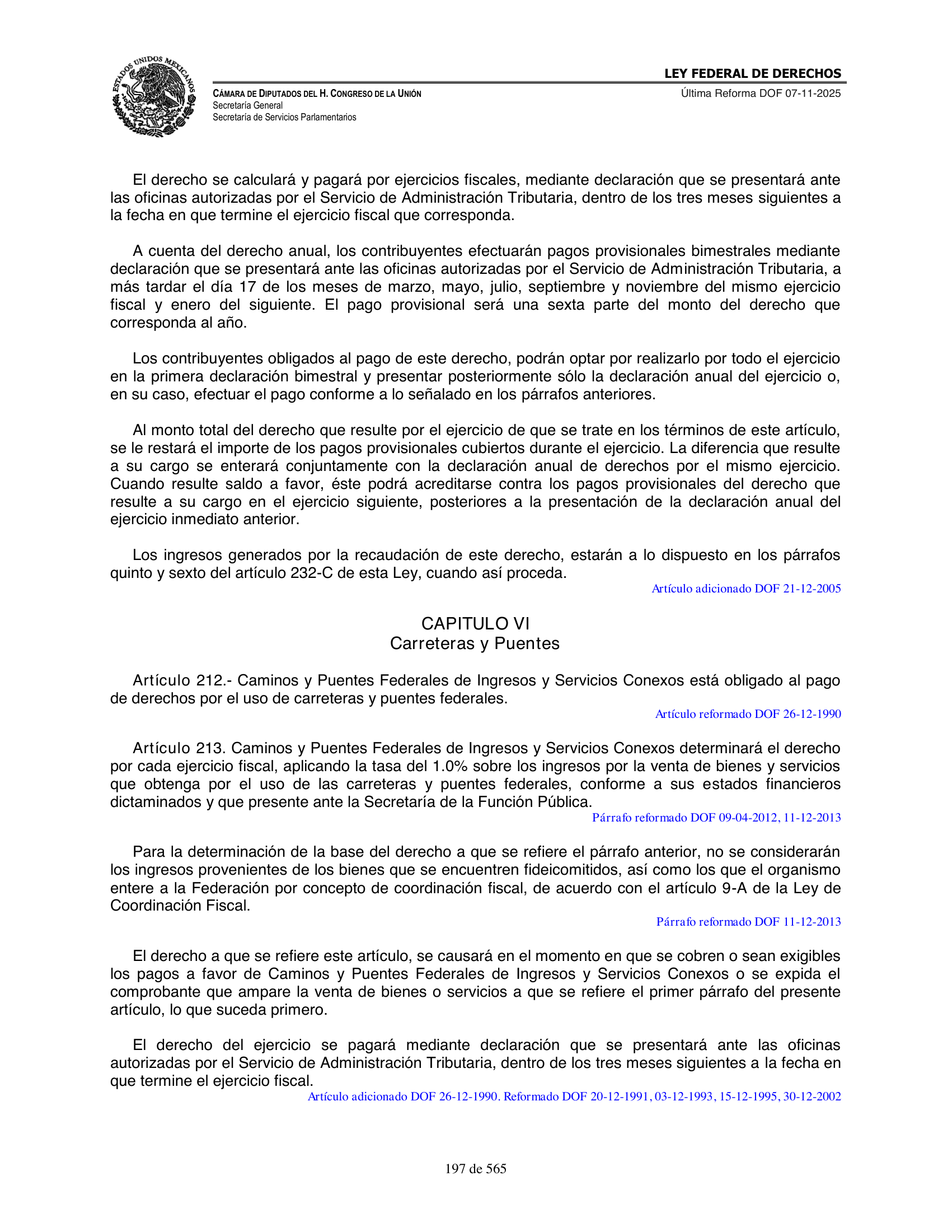 Ley Federal de Derechos — official Chamber compilation — original physical page 197 of 565; complete original page image governs, native search text may be incomplete.