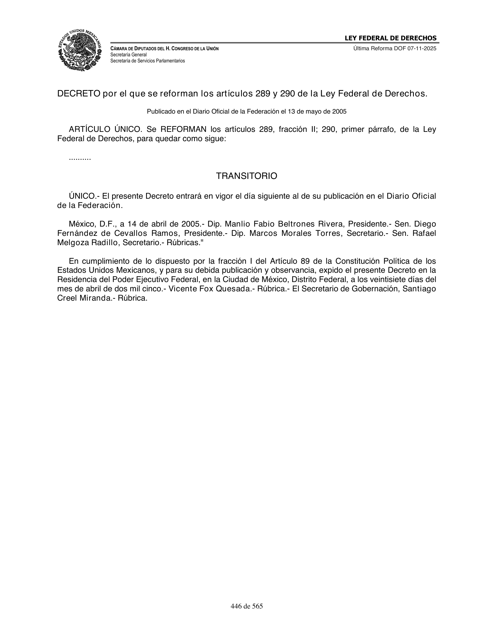 Ley Federal de Derechos — official Chamber compilation — original physical page 446 of 565; complete original page image governs, native search text may be incomplete.