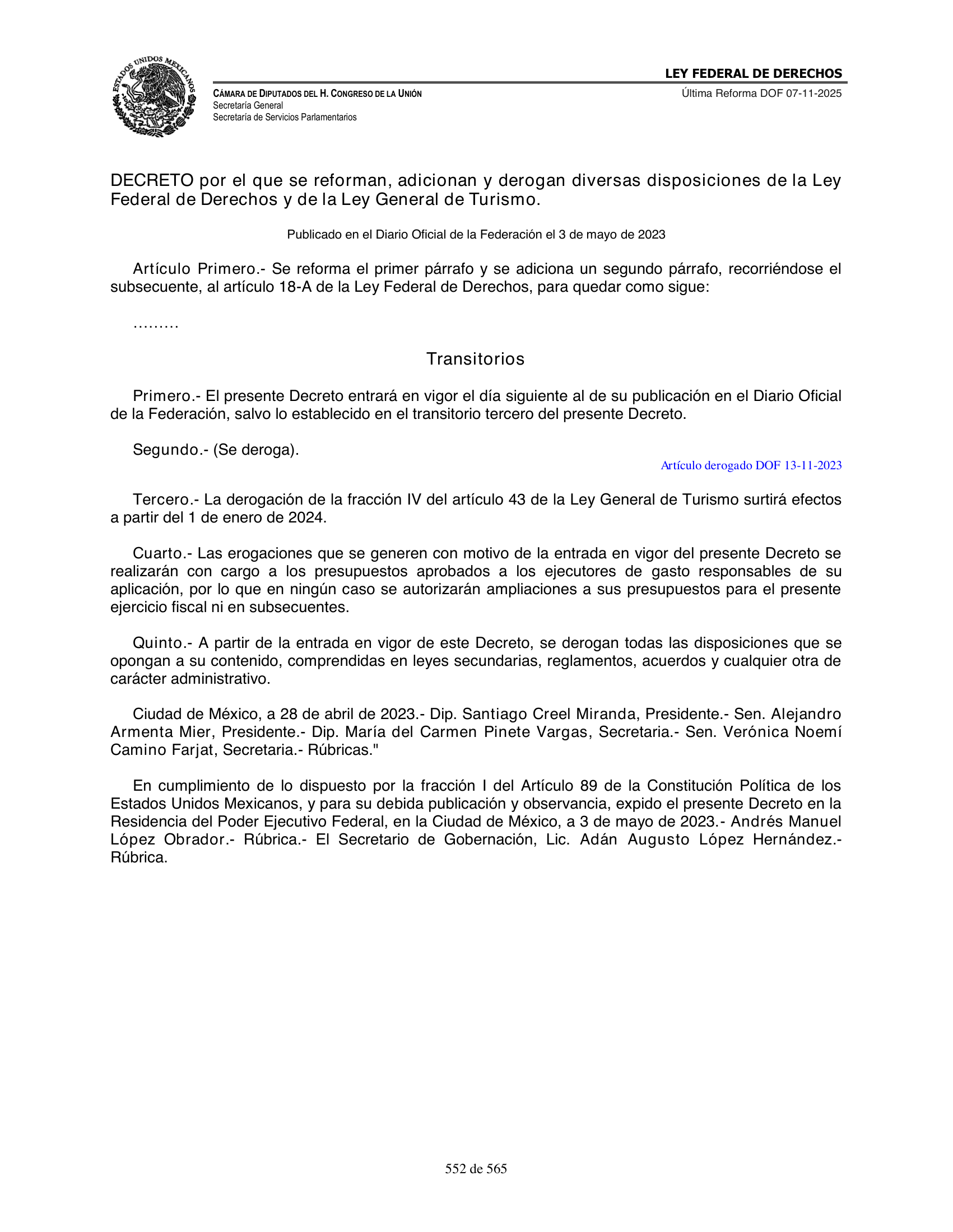 Ley Federal de Derechos — official Chamber compilation — original physical page 552 of 565; complete original page image governs, native search text may be incomplete.