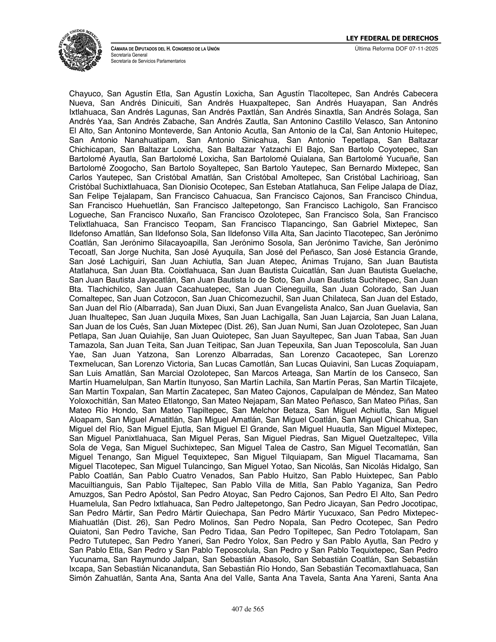 Ley Federal de Derechos — official Chamber compilation — original physical page 407 of 565; complete original page image governs, native search text may be incomplete.