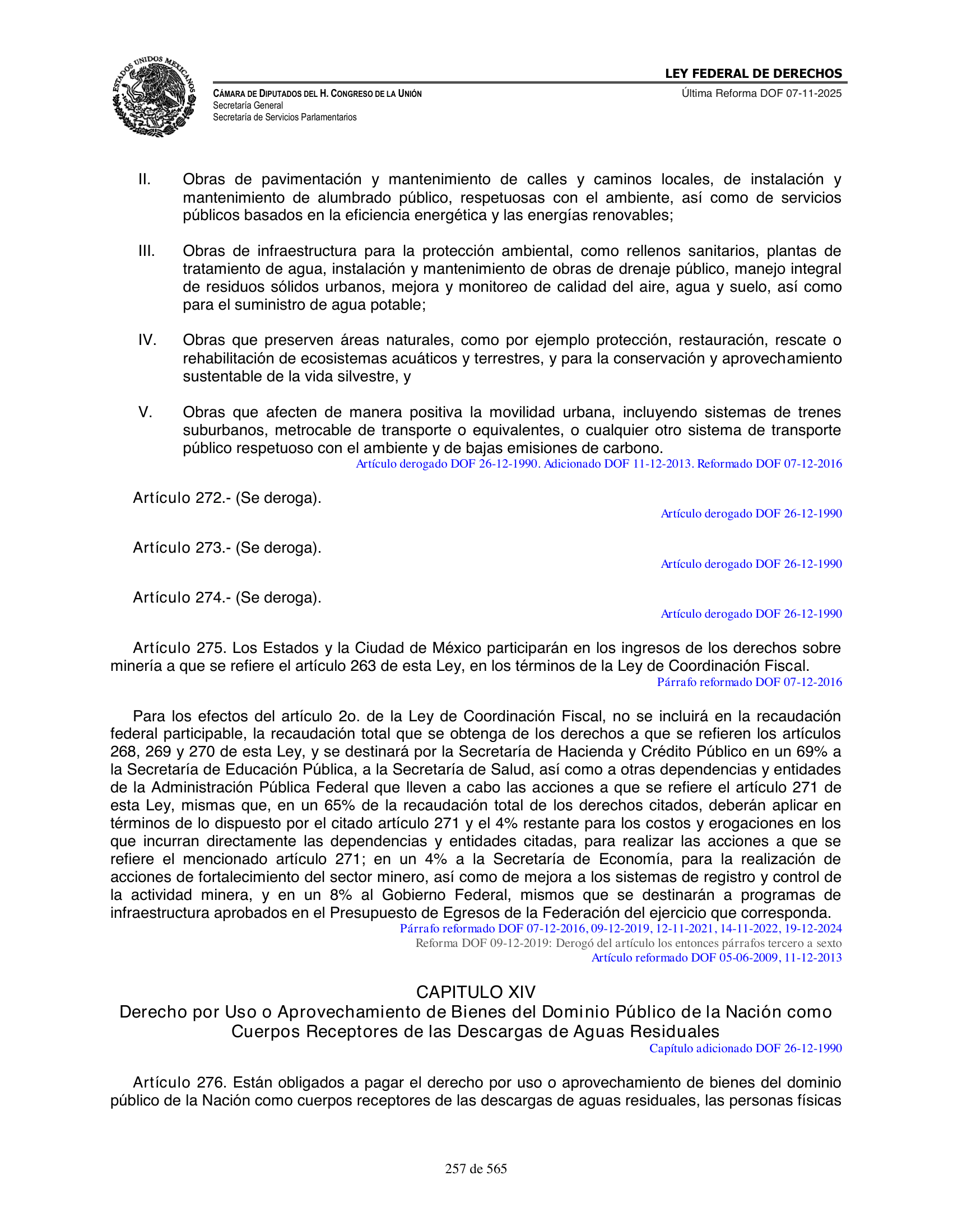 Ley Federal de Derechos — official Chamber compilation — original physical page 257 of 565; complete original page image governs, native search text may be incomplete.
