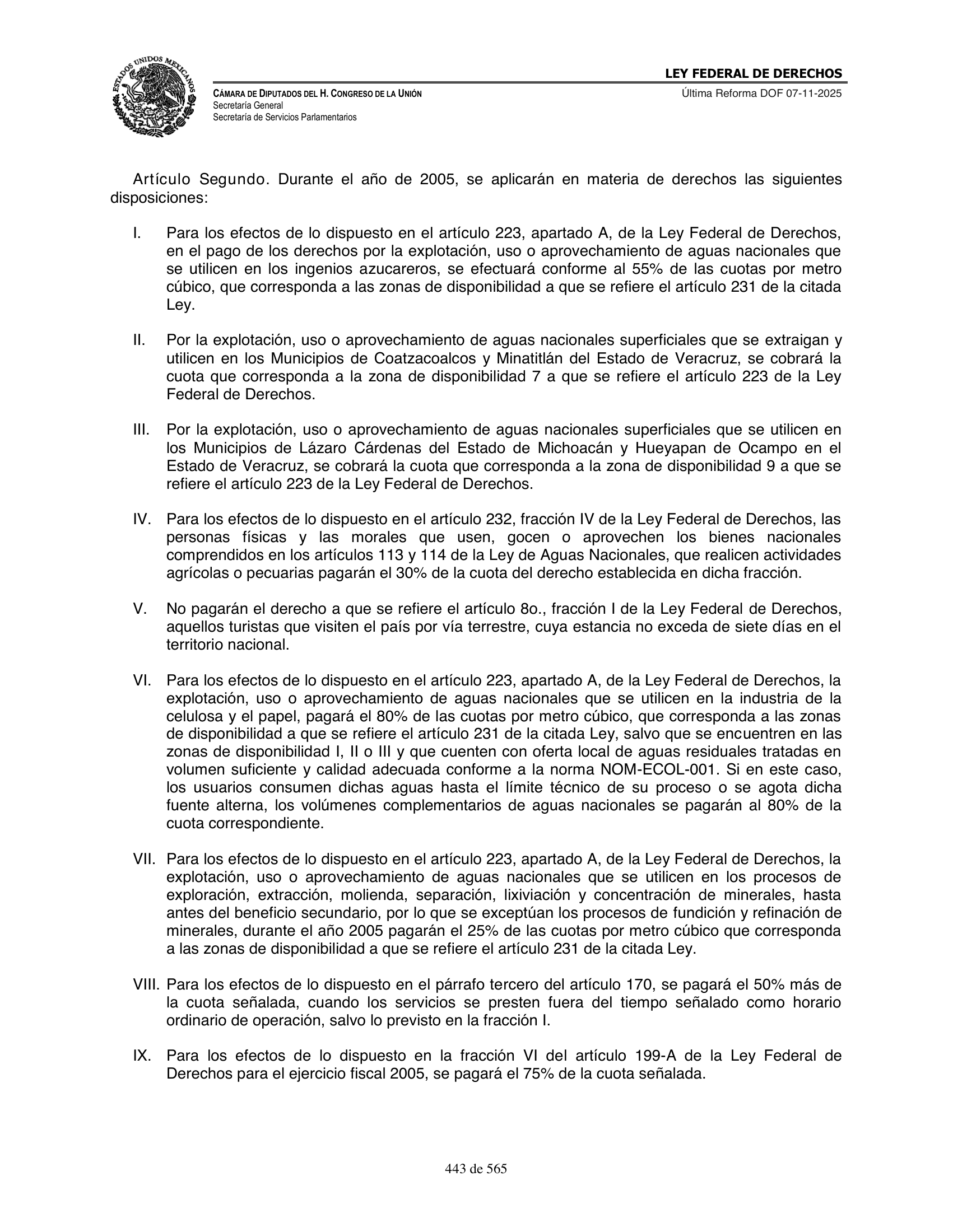 Ley Federal de Derechos — official Chamber compilation — original physical page 443 of 565; complete original page image governs, native search text may be incomplete.