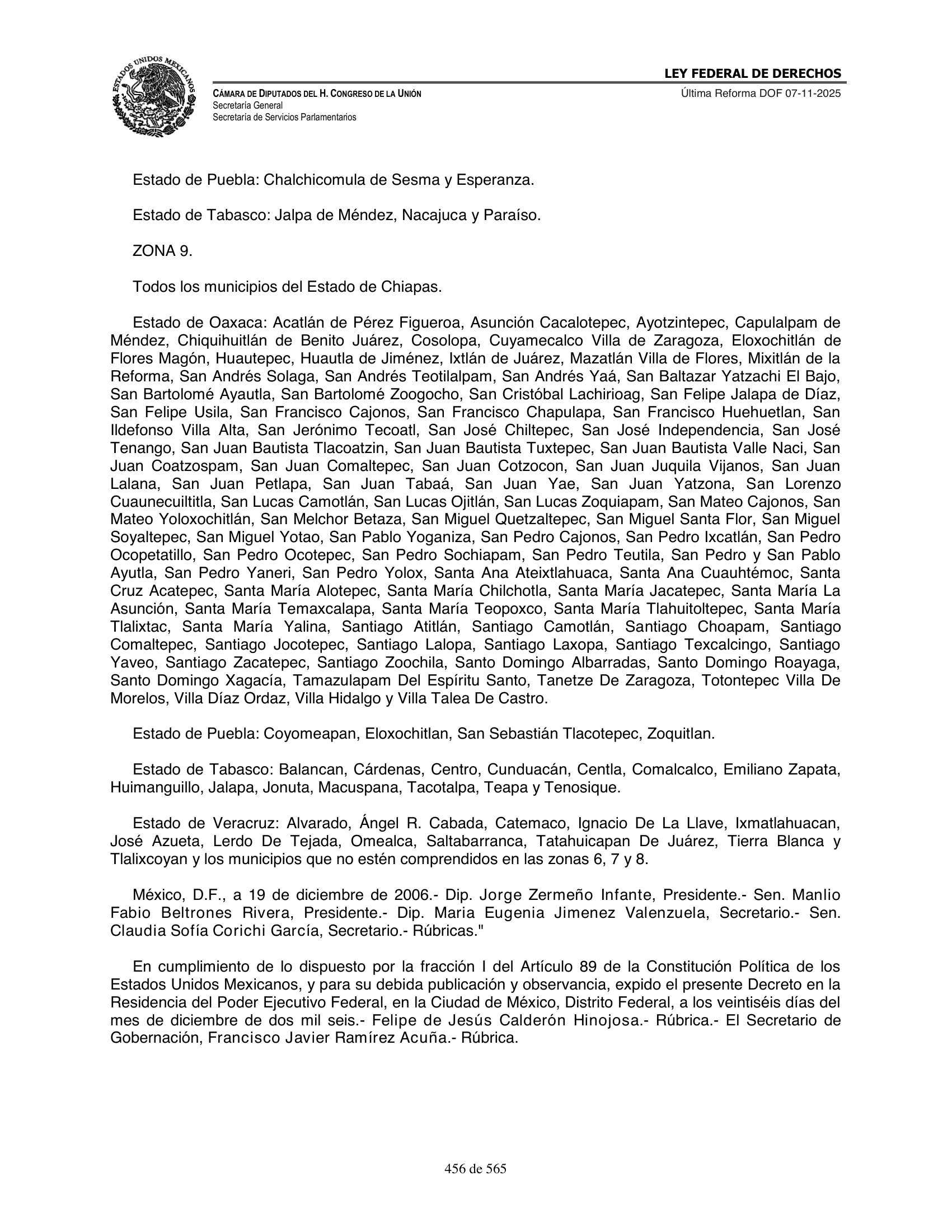 Ley Federal de Derechos — official Chamber compilation — original physical page 456 of 565; complete original page image governs, native search text may be incomplete.