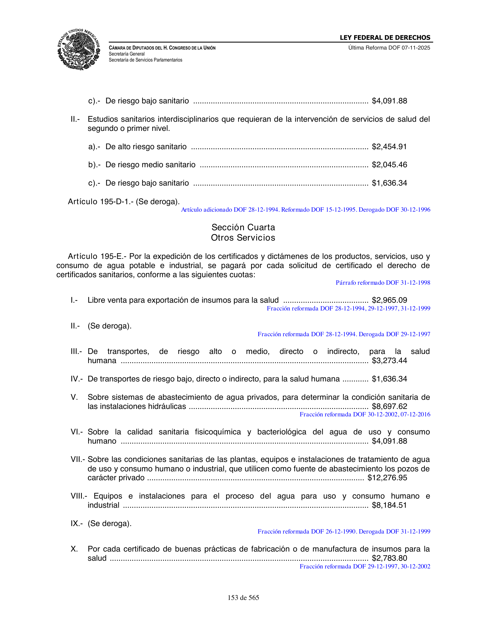 Ley Federal de Derechos — official Chamber compilation — original physical page 153 of 565; complete original page image governs, native search text may be incomplete.