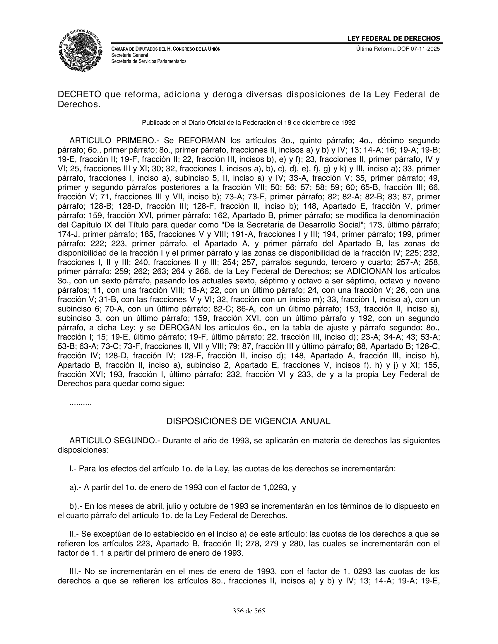 Ley Federal de Derechos — official Chamber compilation — original physical page 356 of 565; complete original page image governs, native search text may be incomplete.