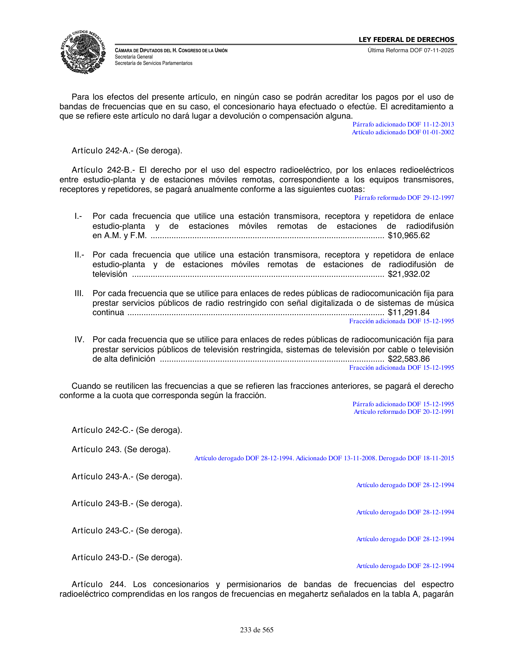 Ley Federal de Derechos — official Chamber compilation — original physical page 233 of 565; complete original page image governs, native search text may be incomplete.