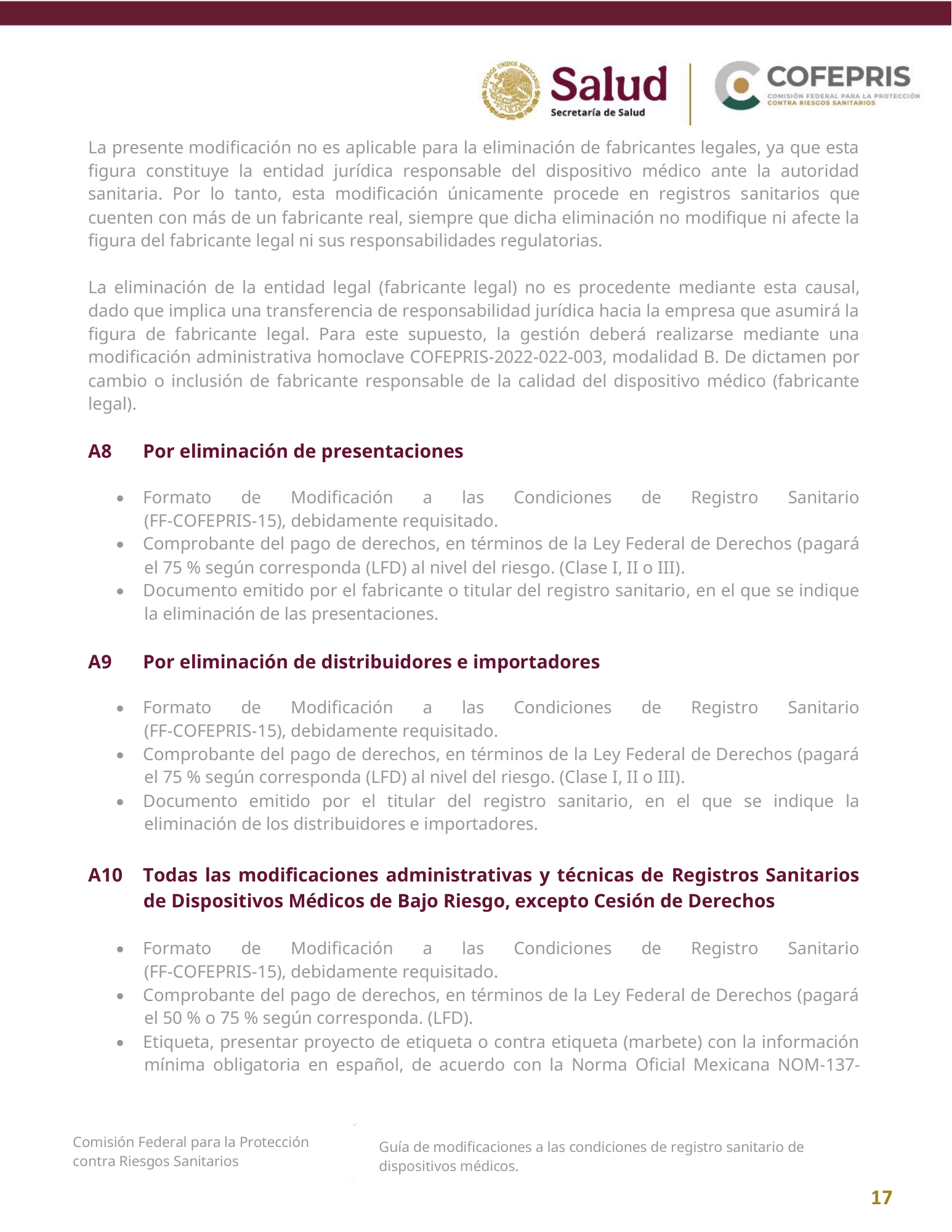 COFEPRIS — Guía de modificaciones de dispositivos médicos, diciembre 2025 — official PDF page 17