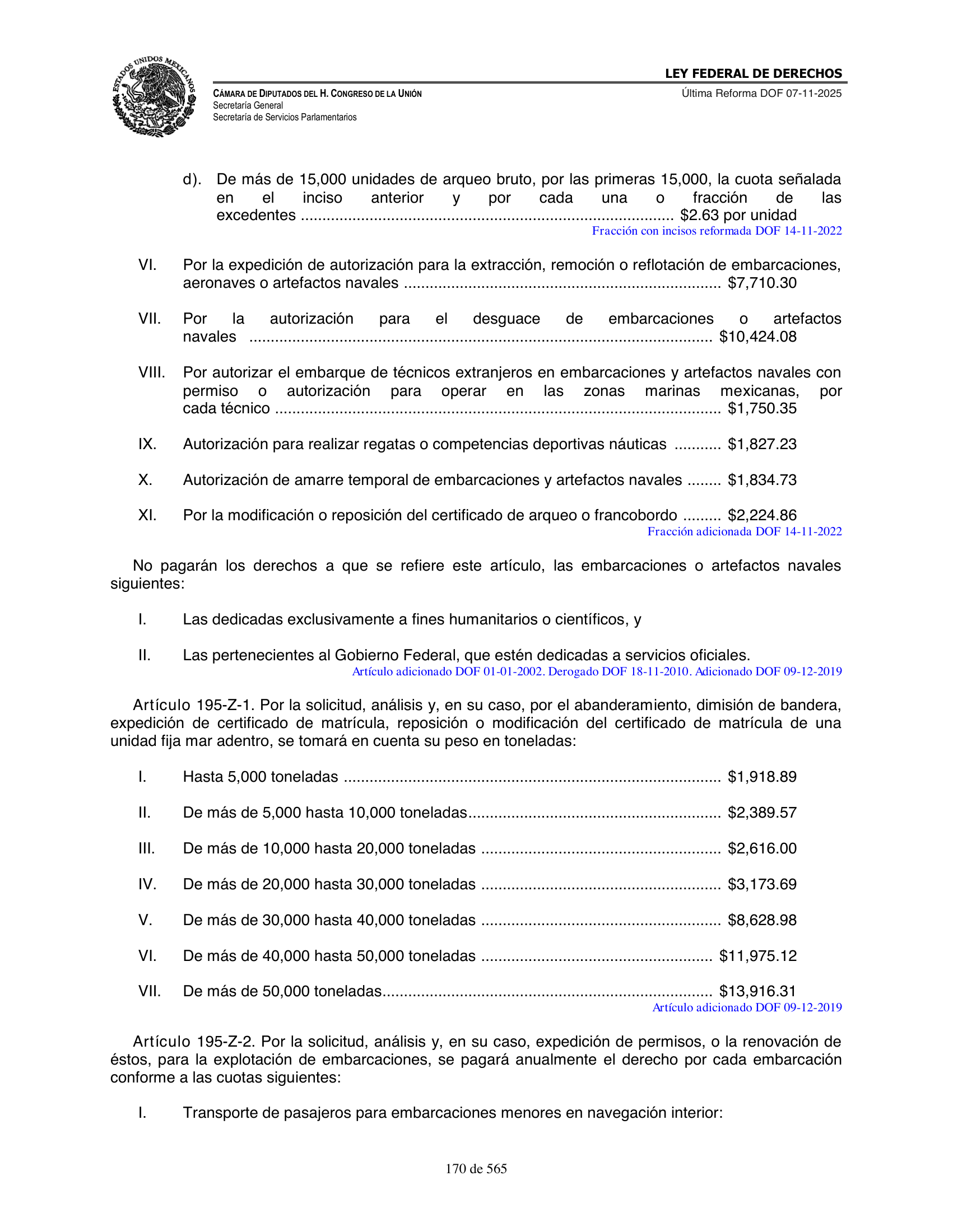 Ley Federal de Derechos — official Chamber compilation — original physical page 170 of 565; complete original page image governs, native search text may be incomplete.
