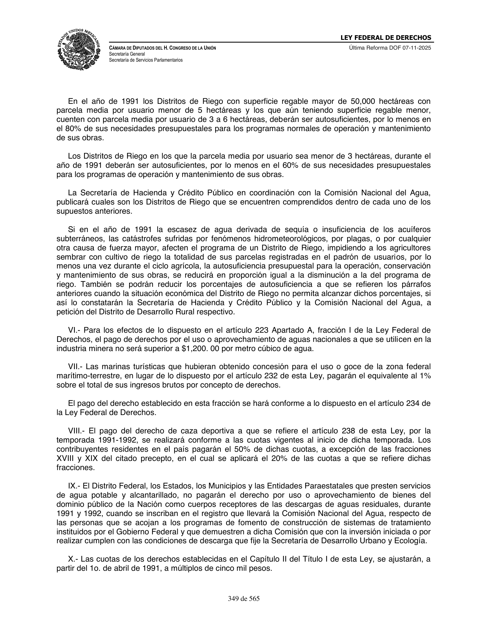 Ley Federal de Derechos — official Chamber compilation — original physical page 349 of 565; complete original page image governs, native search text may be incomplete.