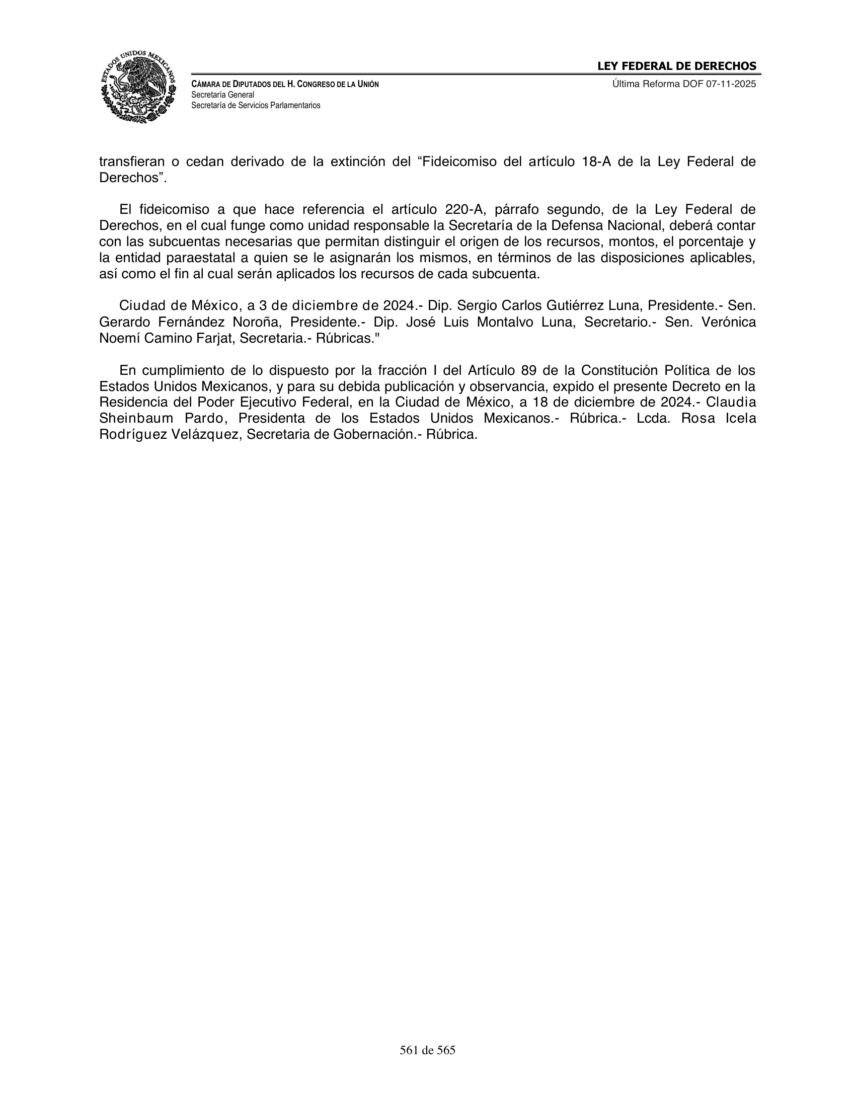 Ley Federal de Derechos — official Chamber compilation — original physical page 561 of 565; complete original page image governs, native search text may be incomplete.