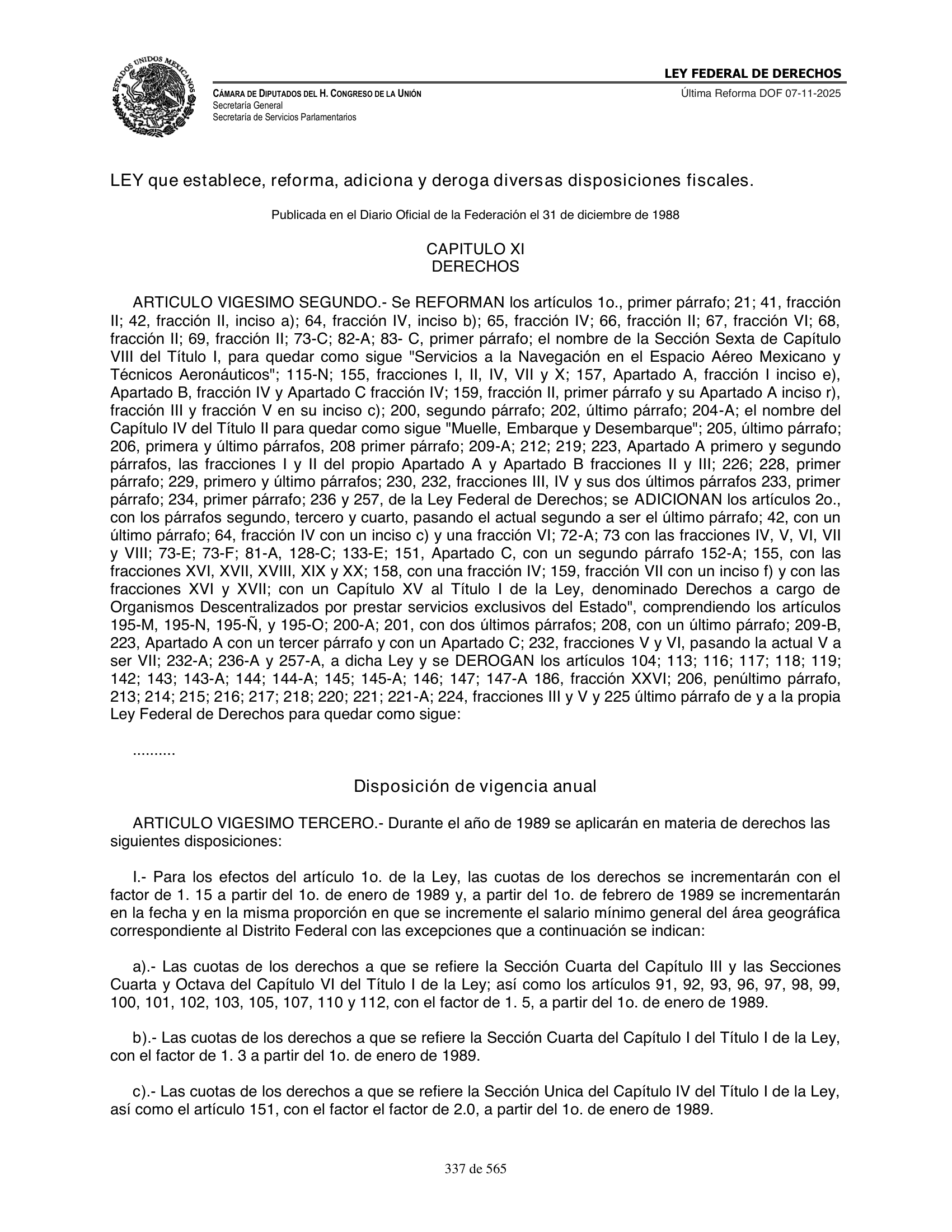 Ley Federal de Derechos — official Chamber compilation — original physical page 337 of 565; complete original page image governs, native search text may be incomplete.