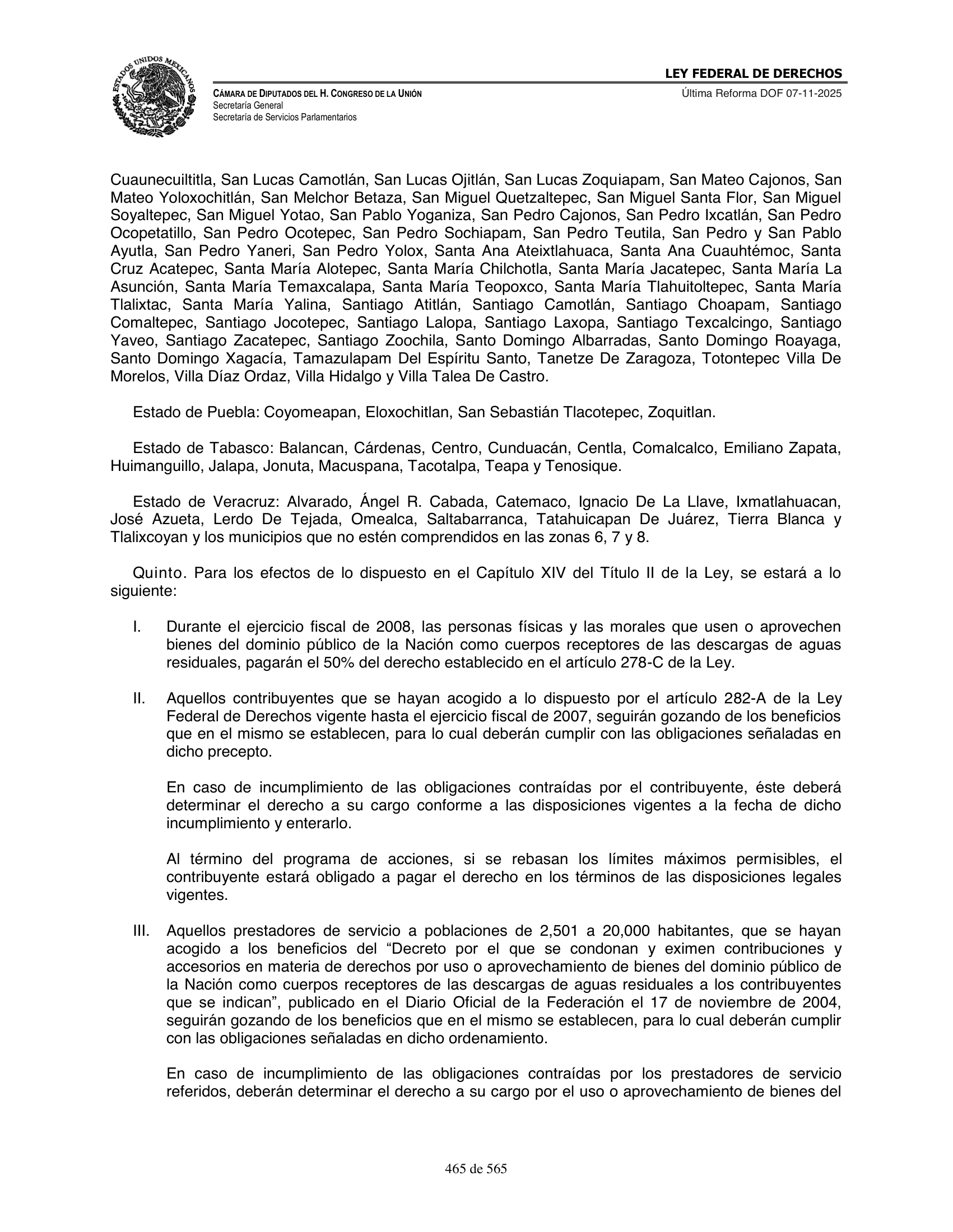 Ley Federal de Derechos — official Chamber compilation — original physical page 465 of 565; complete original page image governs, native search text may be incomplete.