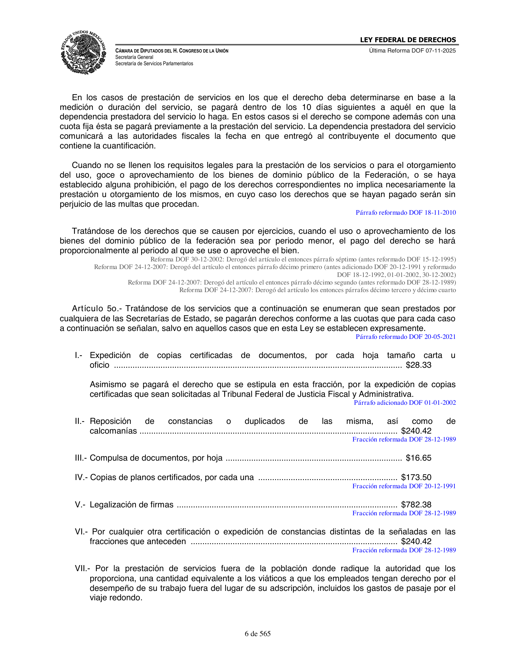 Ley Federal de Derechos — official Chamber compilation — original physical page 6 of 565; complete original page image governs, native search text may be incomplete.