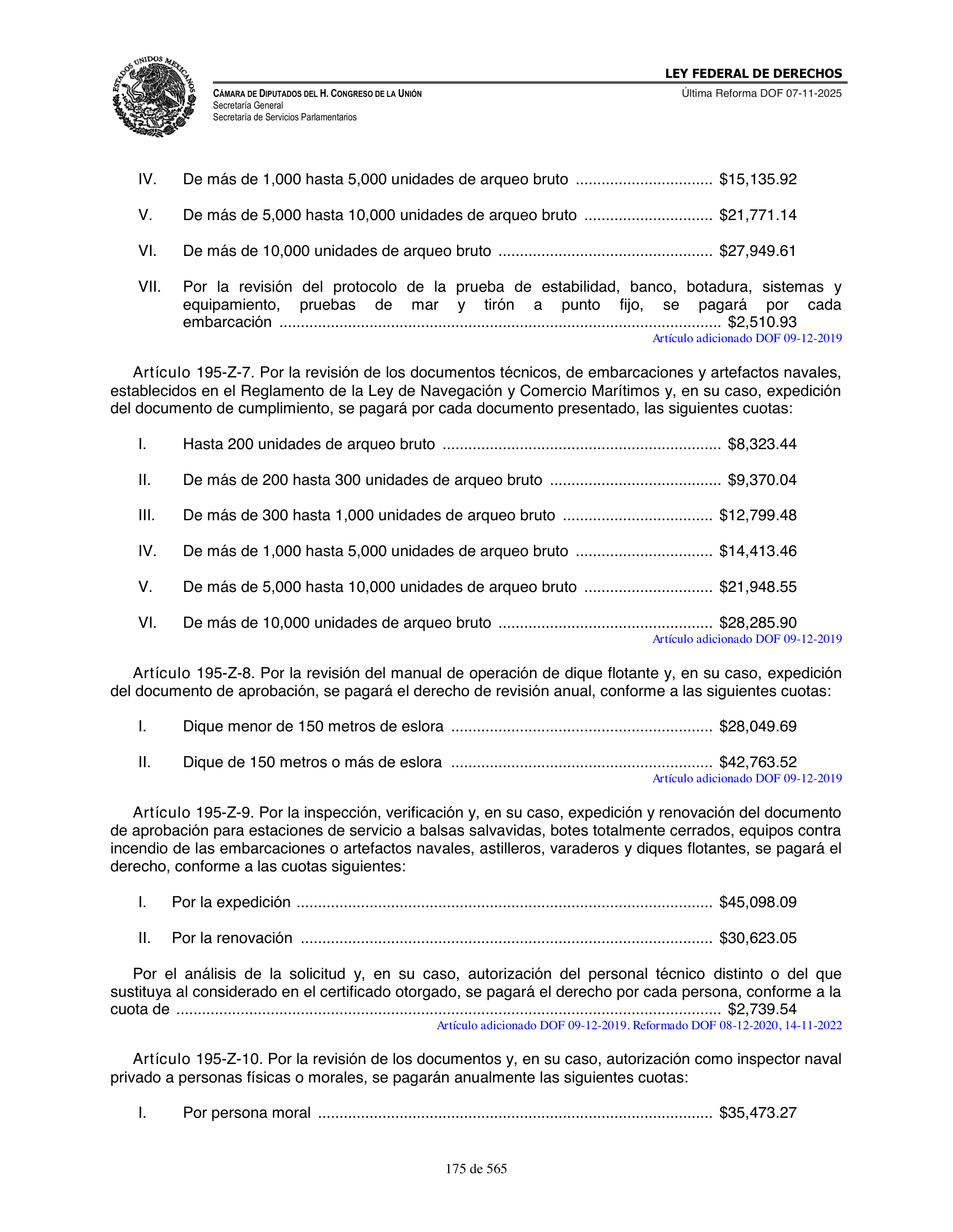 Ley Federal de Derechos — official Chamber compilation — original physical page 175 of 565; complete original page image governs, native search text may be incomplete.