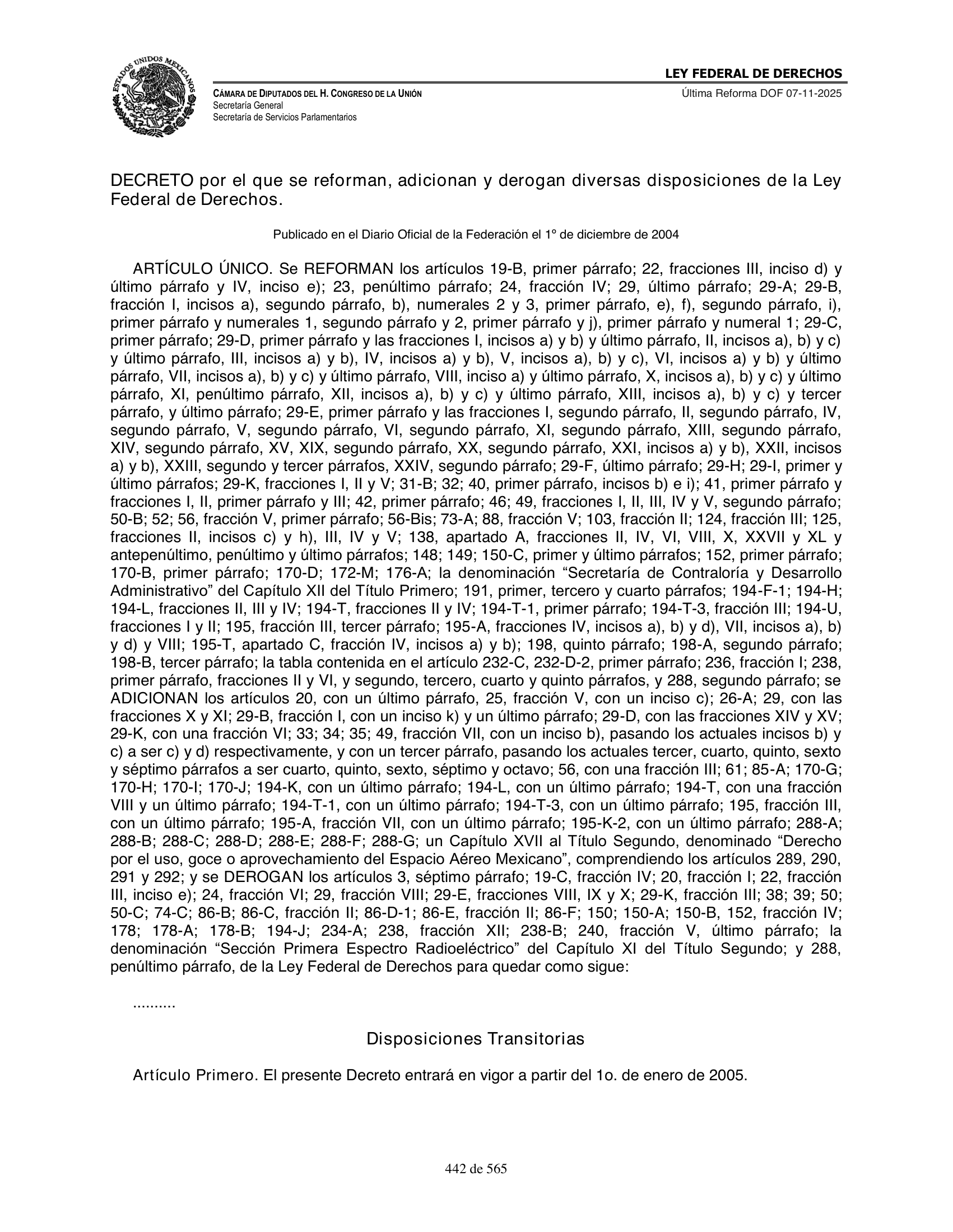 Ley Federal de Derechos — official Chamber compilation — original physical page 442 of 565; complete original page image governs, native search text may be incomplete.