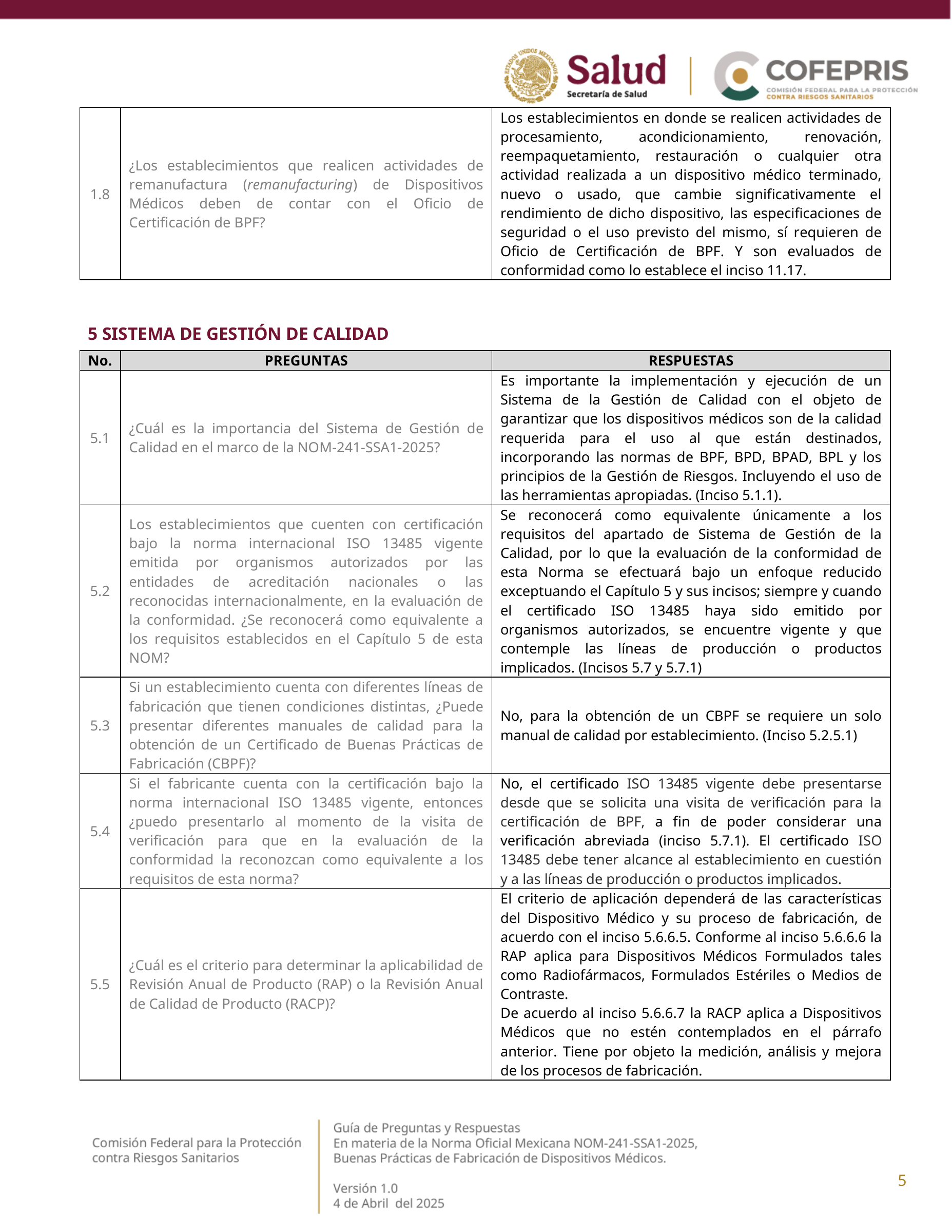 COFEPRIS NOM-241-SSA1-2025 questions and answers, version 1.0 — original physical PDF page 5; complete original page layout, table cells and figures retained.