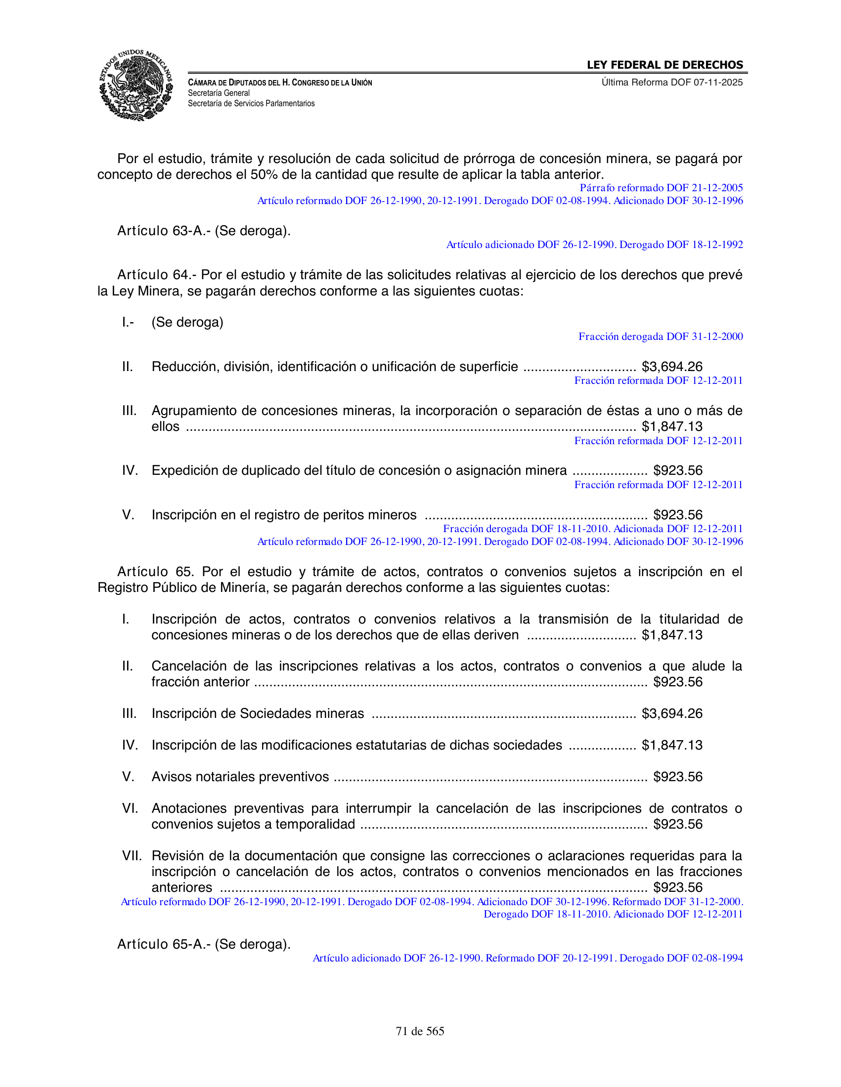 Ley Federal de Derechos — official Chamber compilation — original physical page 71 of 565; complete original page image governs, native search text may be incomplete.