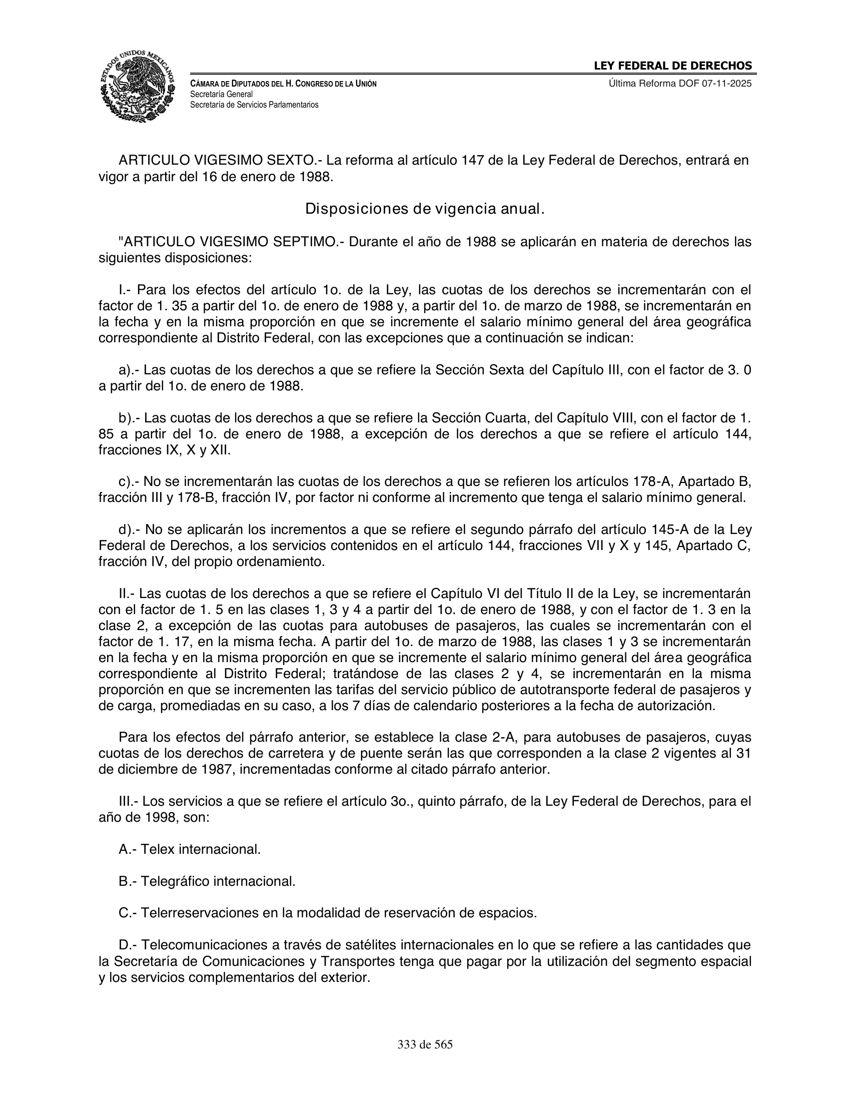 Ley Federal de Derechos — official Chamber compilation — original physical page 333 of 565; complete original page image governs, native search text may be incomplete.