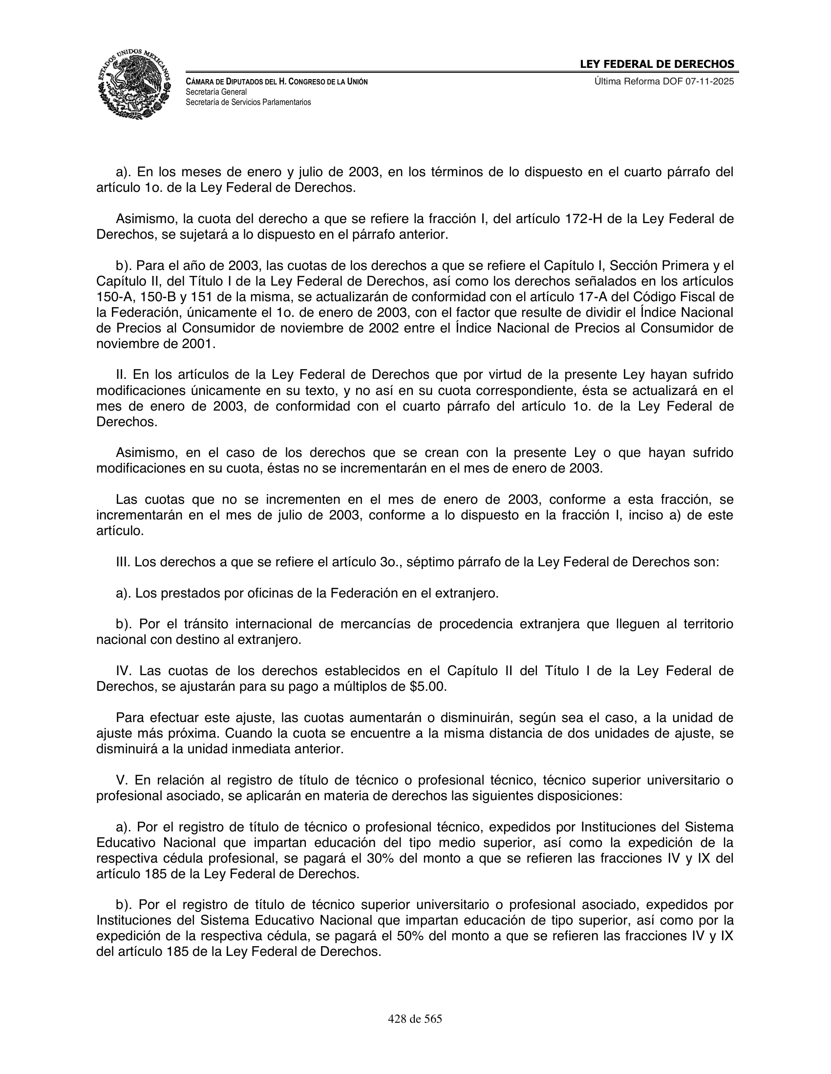 Ley Federal de Derechos — official Chamber compilation — original physical page 428 of 565; complete original page image governs, native search text may be incomplete.