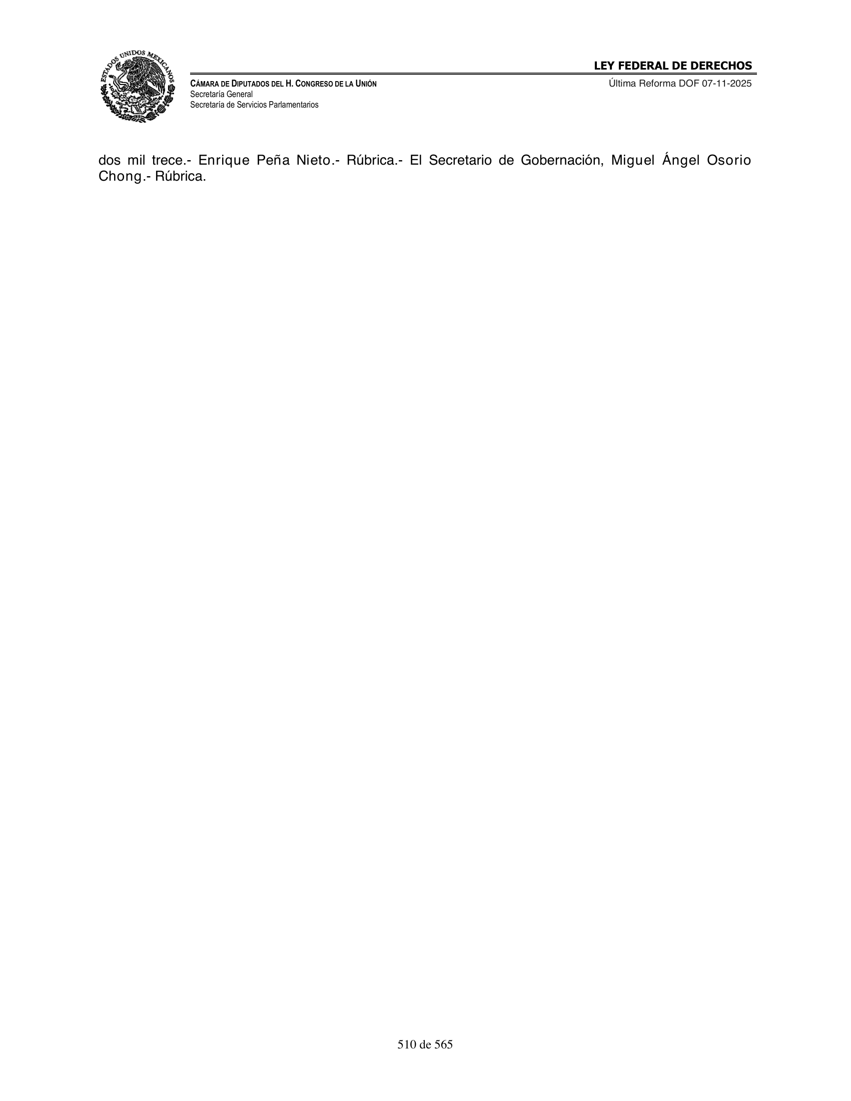 Ley Federal de Derechos — official Chamber compilation — original physical page 510 of 565; complete original page image governs, native search text may be incomplete.