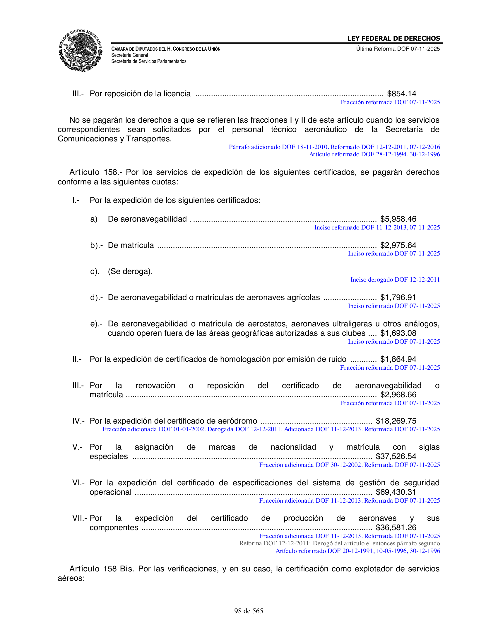 Ley Federal de Derechos — official Chamber compilation — original physical page 98 of 565; complete original page image governs, native search text may be incomplete.