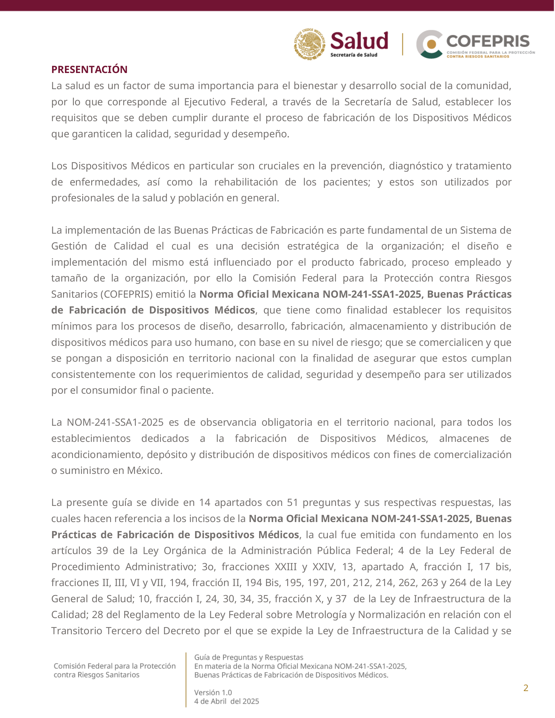 COFEPRIS NOM-241-SSA1-2025 questions and answers, version 1.0 — original physical PDF page 2; complete original page layout, table cells and figures retained.