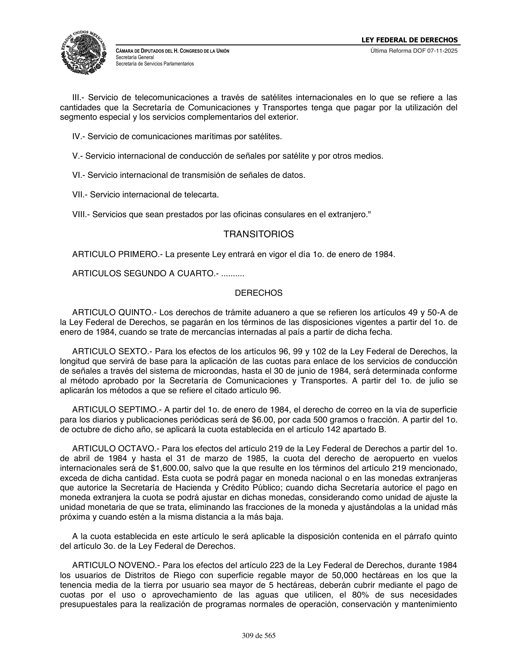 Ley Federal de Derechos — official Chamber compilation — original physical page 309 of 565; complete original page image governs, native search text may be incomplete.
