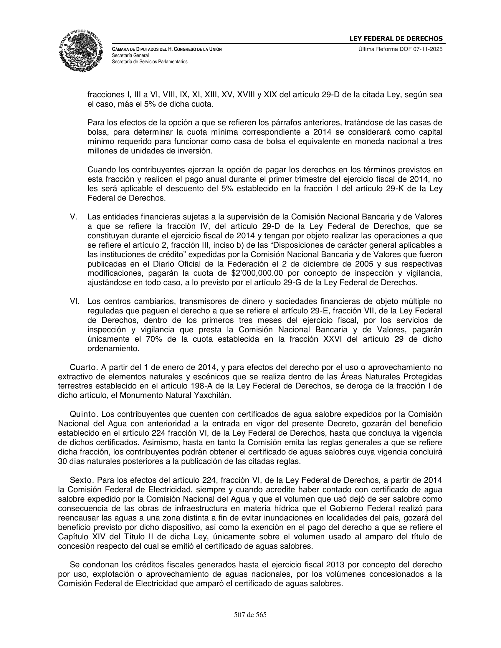 Ley Federal de Derechos — official Chamber compilation — original physical page 507 of 565; complete original page image governs, native search text may be incomplete.