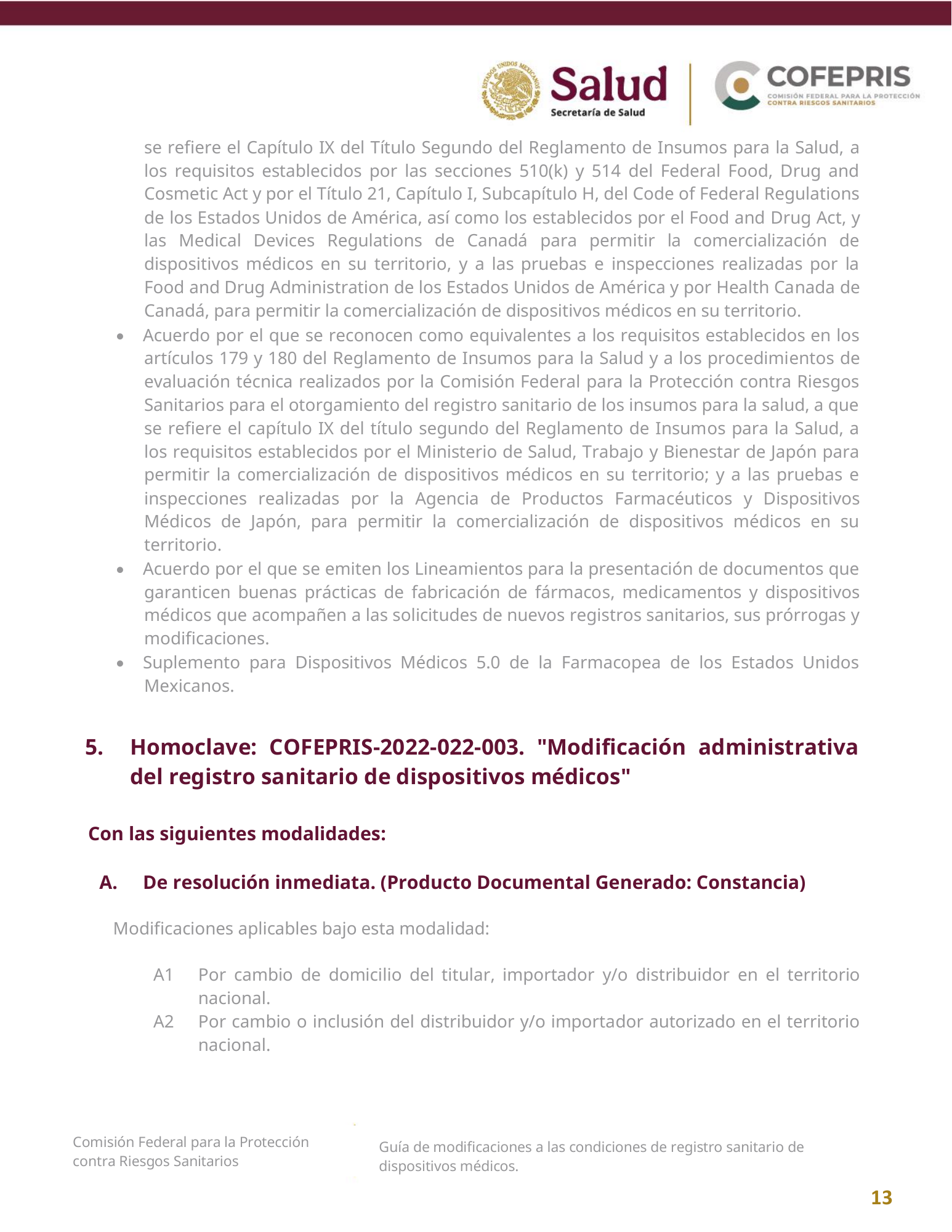 COFEPRIS — Guía de modificaciones de dispositivos médicos, diciembre 2025 — official PDF page 13