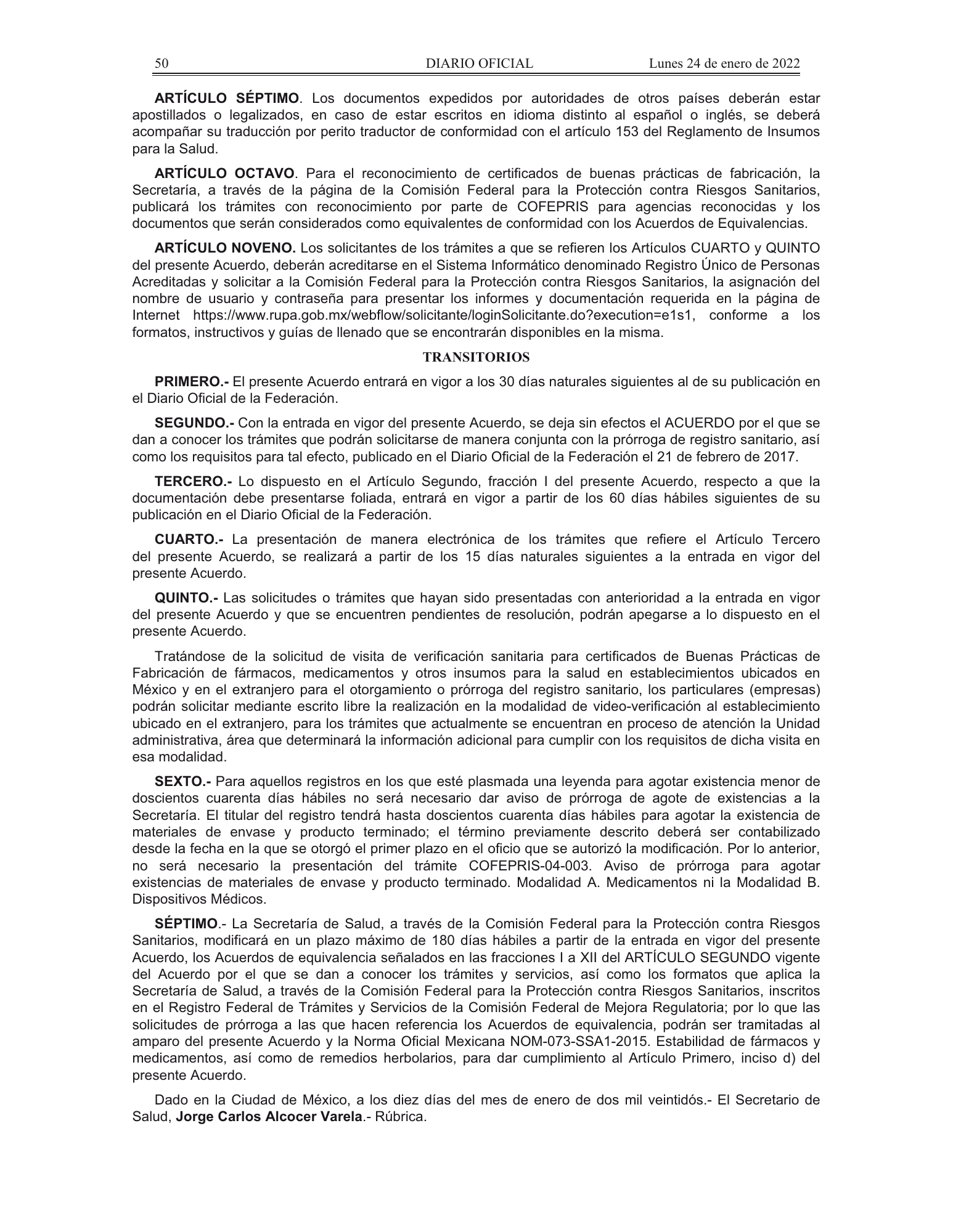 COFEPRIS procedures/forms amendment, DOF 24 January 2022 — original physical PDF page 15; complete page image is authoritative.